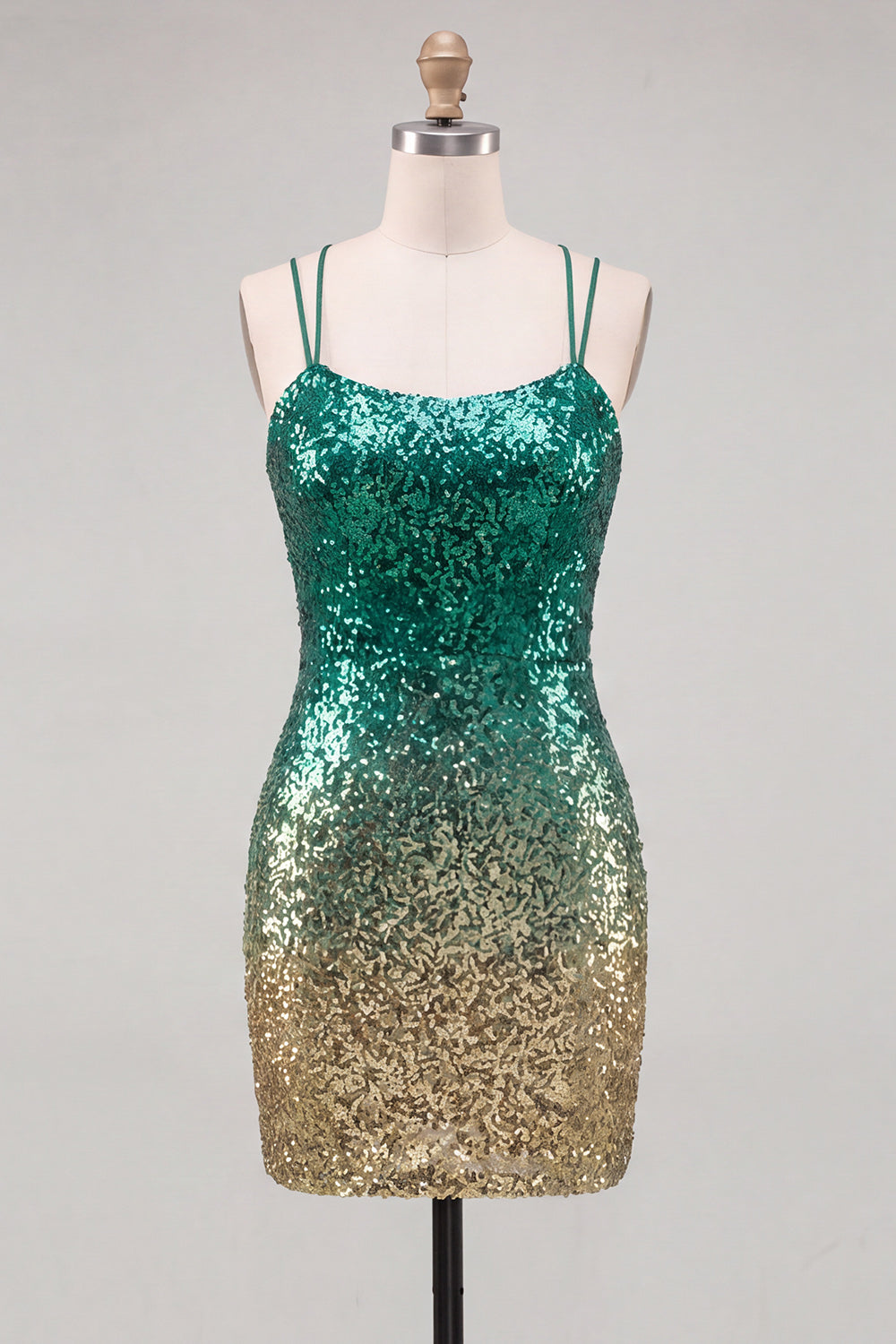 Sparkly Green and Gold Sequins Bodycon Short Homecoming Dress with Lace Up Back
