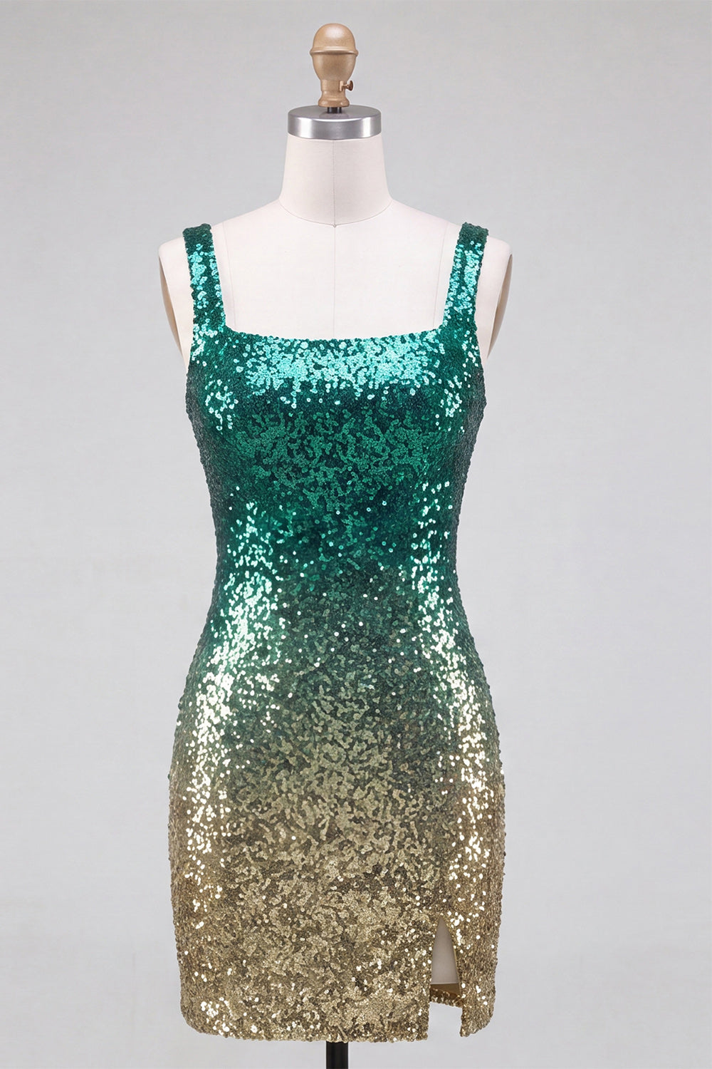 Sparkly Green and Gold Bodycon Square Neck Sequins Homecoming Dress with Slit