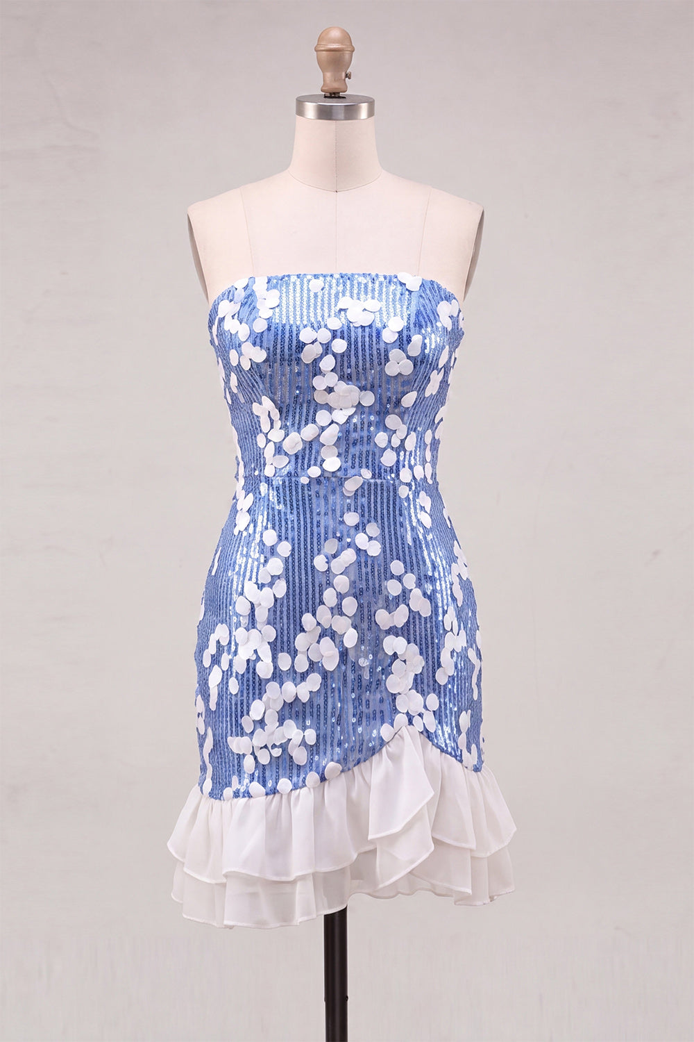 Strapless Blue Bodycon Sequins Short Homecoming Dress with Ruffles