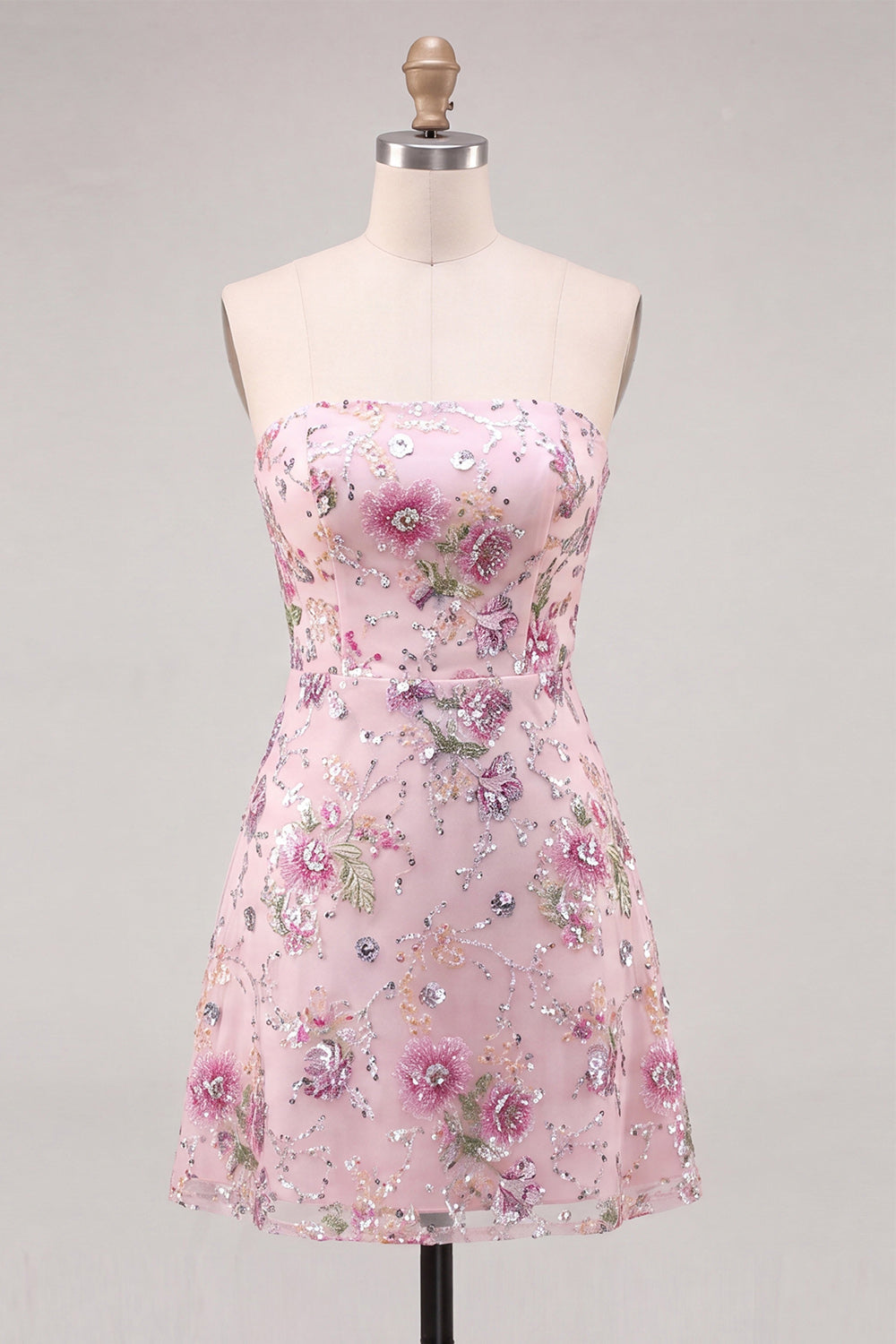 Strapless Pink A-Line Floral Sequins Short Cocktail Dress