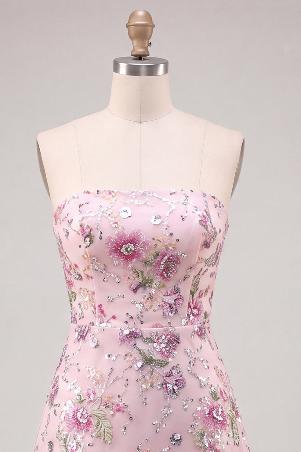 Strapless Pink A-Line Floral Sequins Short Cocktail Dress