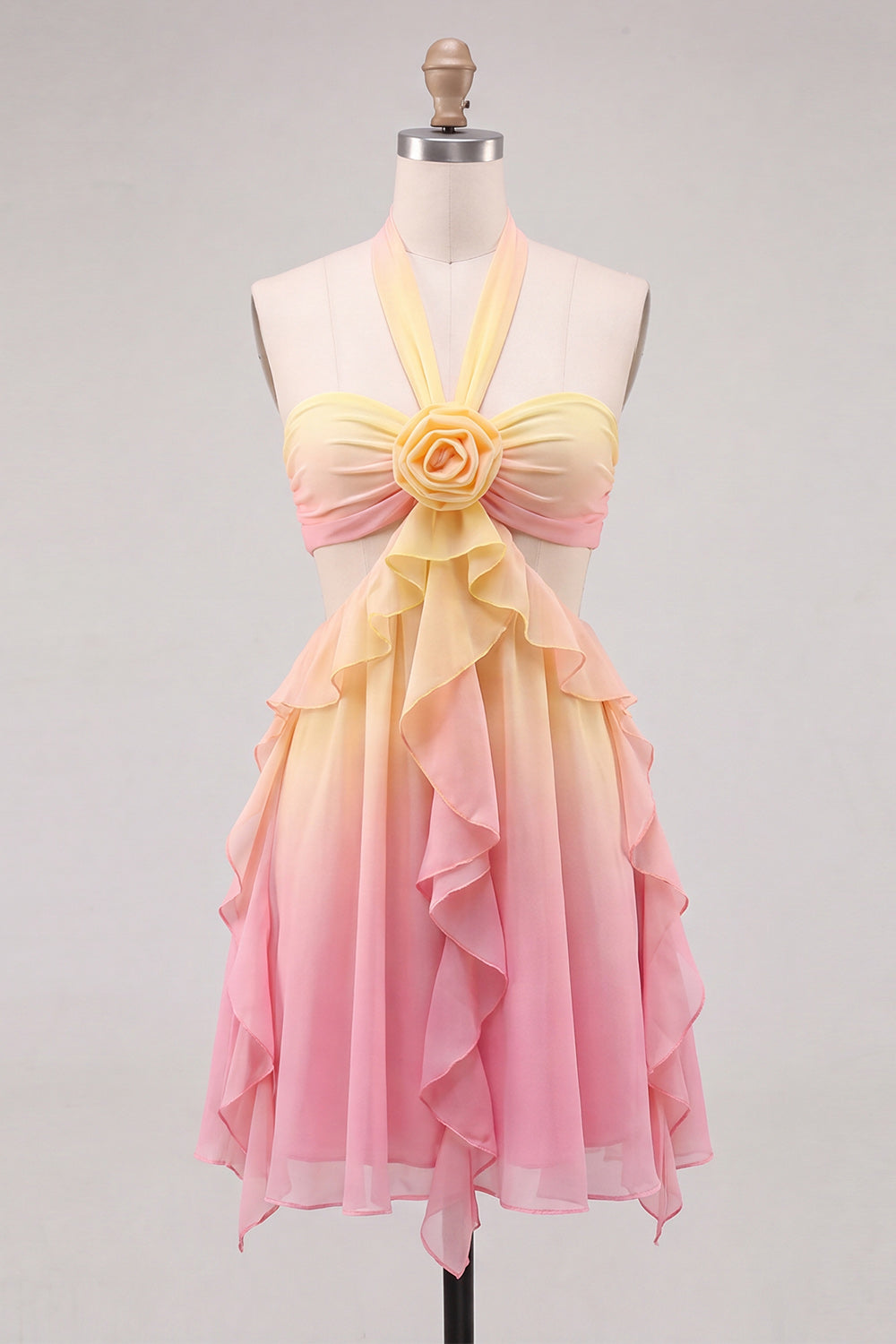 Yellow and Pink A-Line Chiffon Ruffled Halter Neck Homecoming Dress with 3D Flower