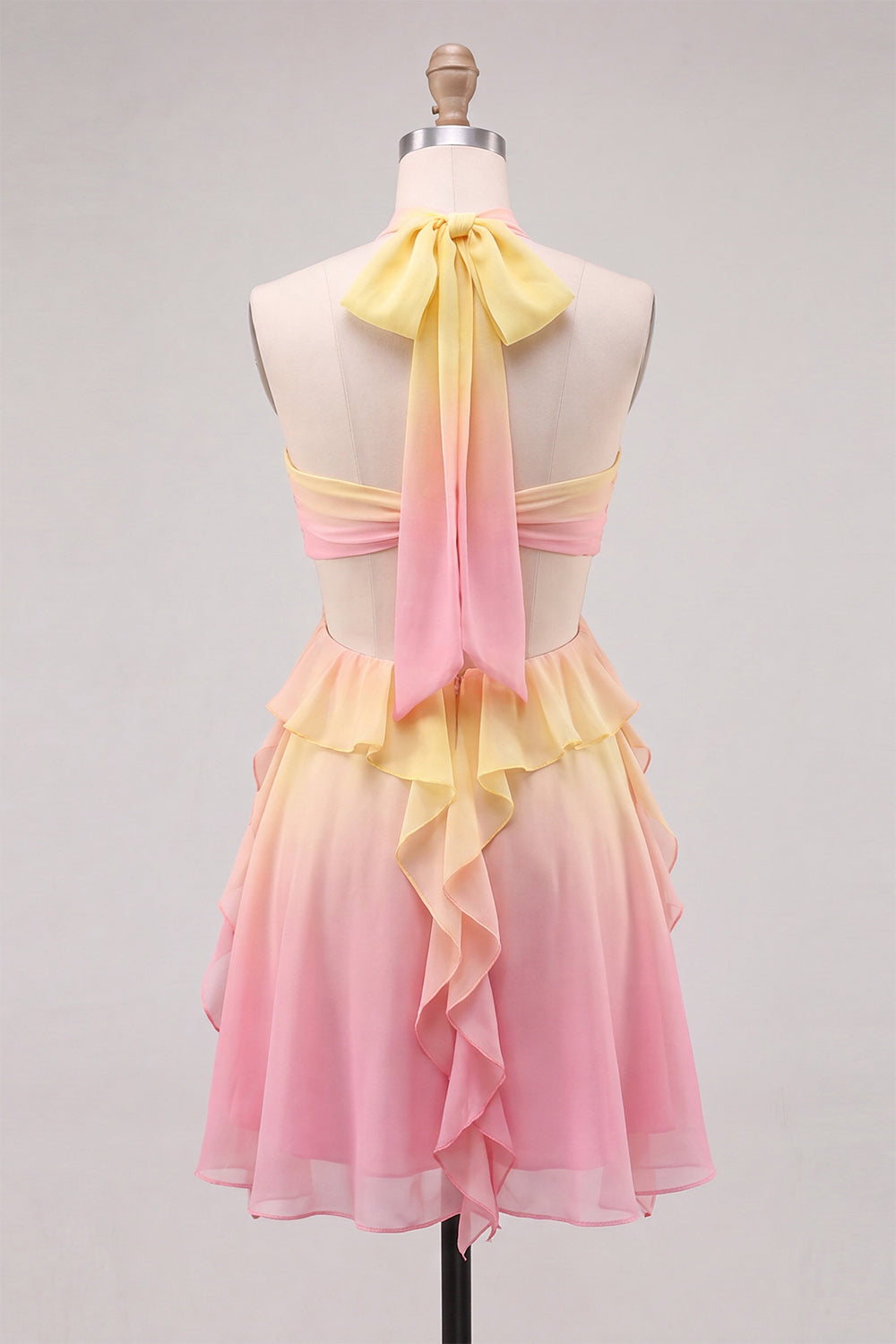 Yellow and Pink A-Line Chiffon Ruffled Halter Neck Homecoming Dress with 3D Flower