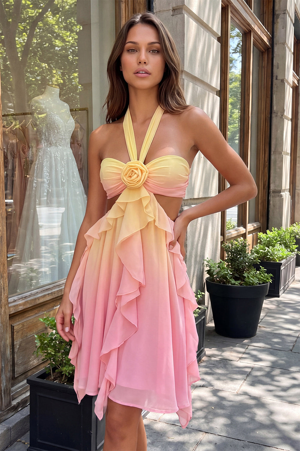 Yellow and Pink A-Line Chiffon Ruffled Halter Neck Homecoming Dress with 3D Flower