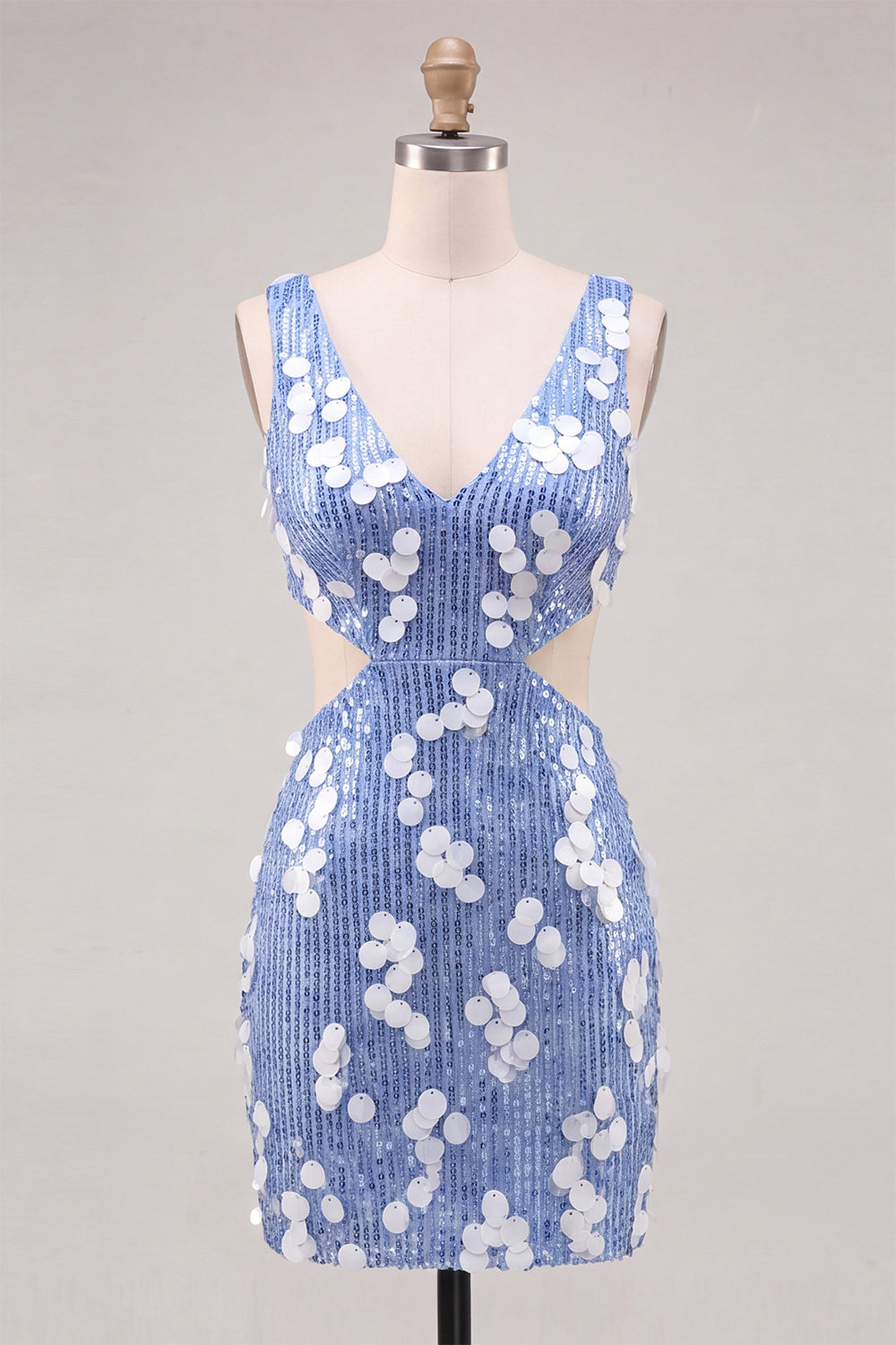 Blue Sequins V-Neck Tight Cut Out Homecoming Dress