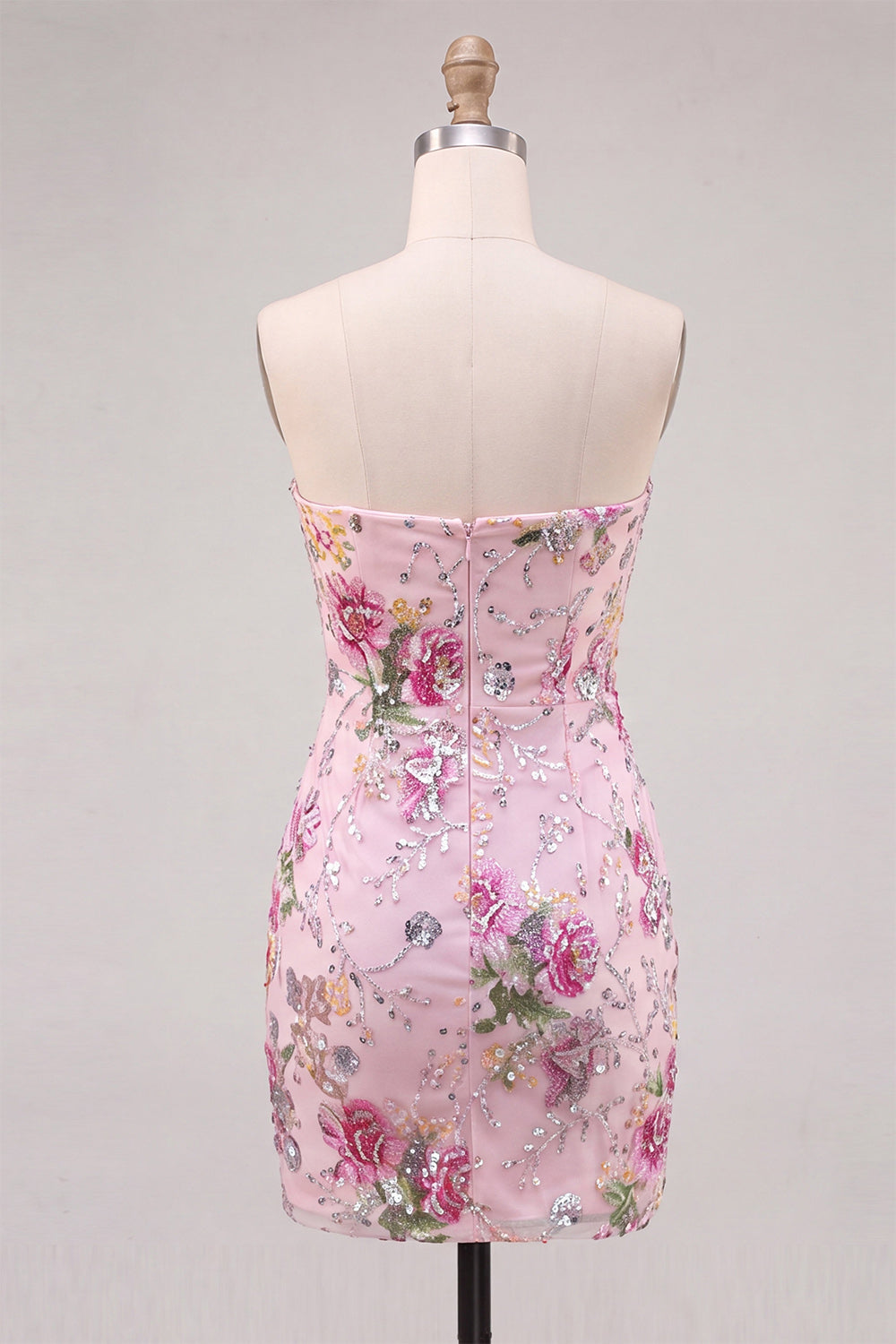 Pink Bodycon Strapless Floral Sequins Short Cocktail Dress