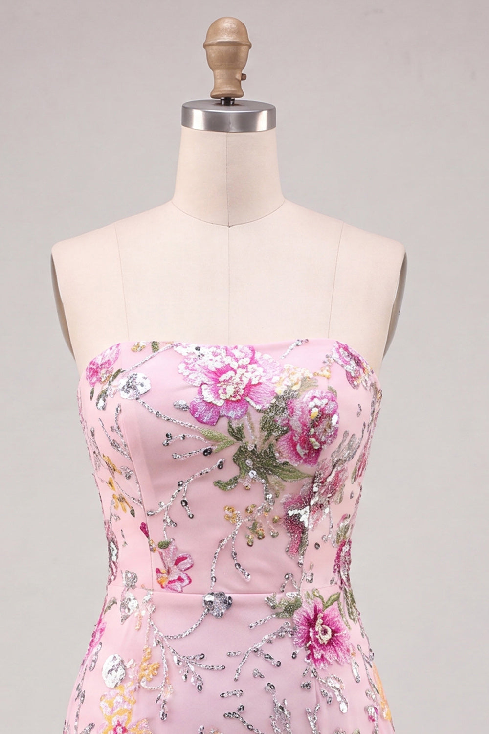 Pink Bodycon Strapless Floral Sequins Short Cocktail Dress