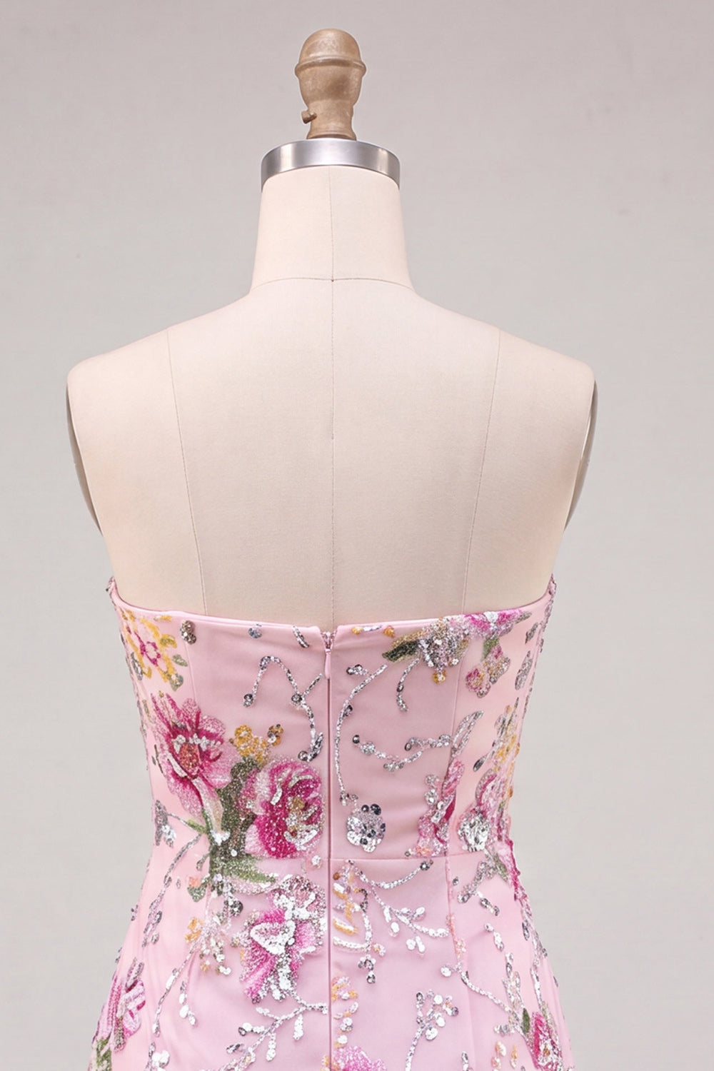 Pink Bodycon Strapless Floral Sequins Short Cocktail Dress