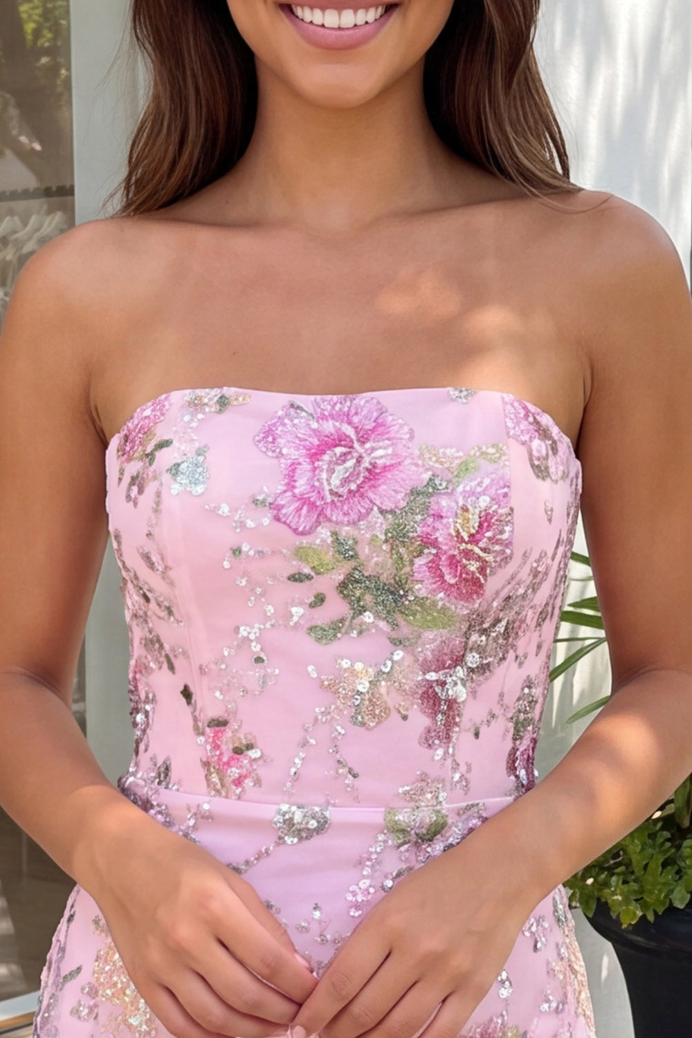 Pink Bodycon Strapless Floral Sequins Short Cocktail Dress