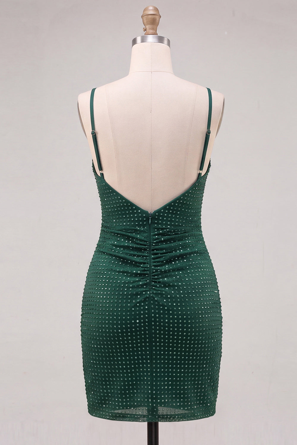 Robe de bal bustier froncée vert foncé à bretelles spaghetti perlée avec fente