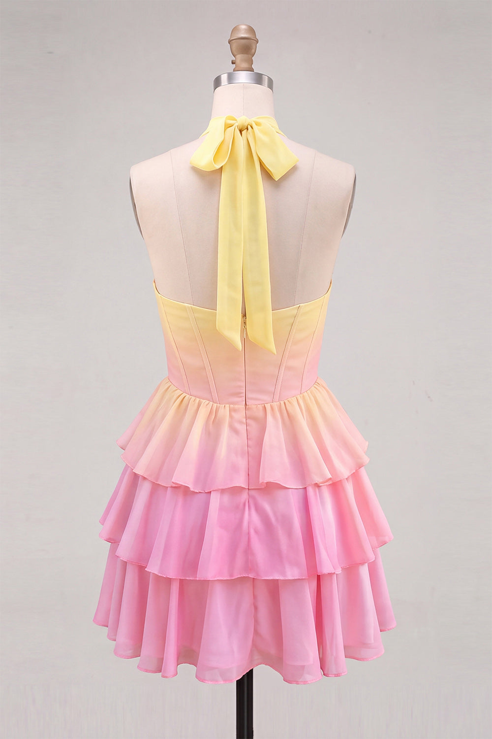 A-Line Yellow and Pink Halter Neck Corset Tiered Chiffon Homecoming Dress