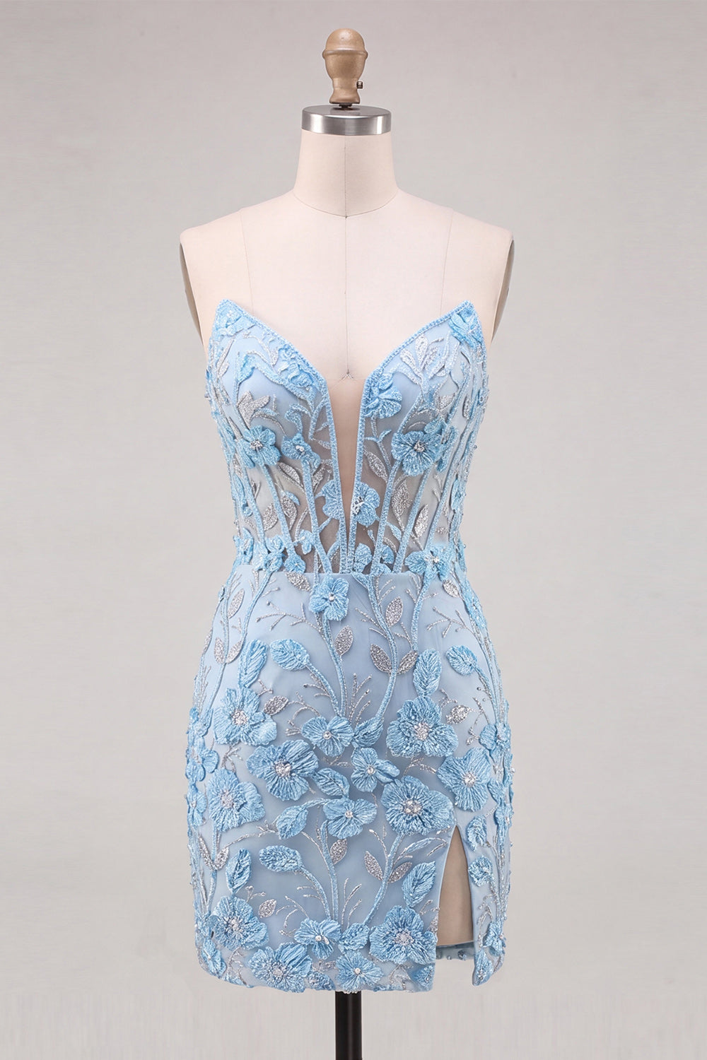 Sky Blue Sweetheart Corset Floral Appliqued Tight Homecoming Dress with Slit