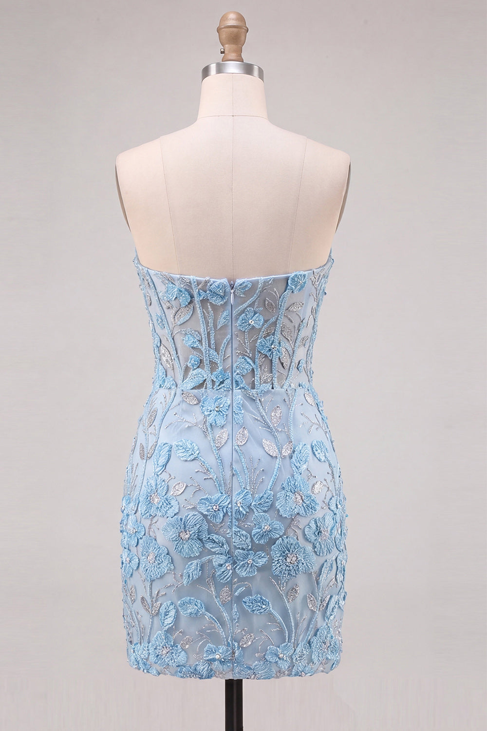 Sky Blue Sweetheart Corset Floral Appliqued Tight Homecoming Dress with Slit