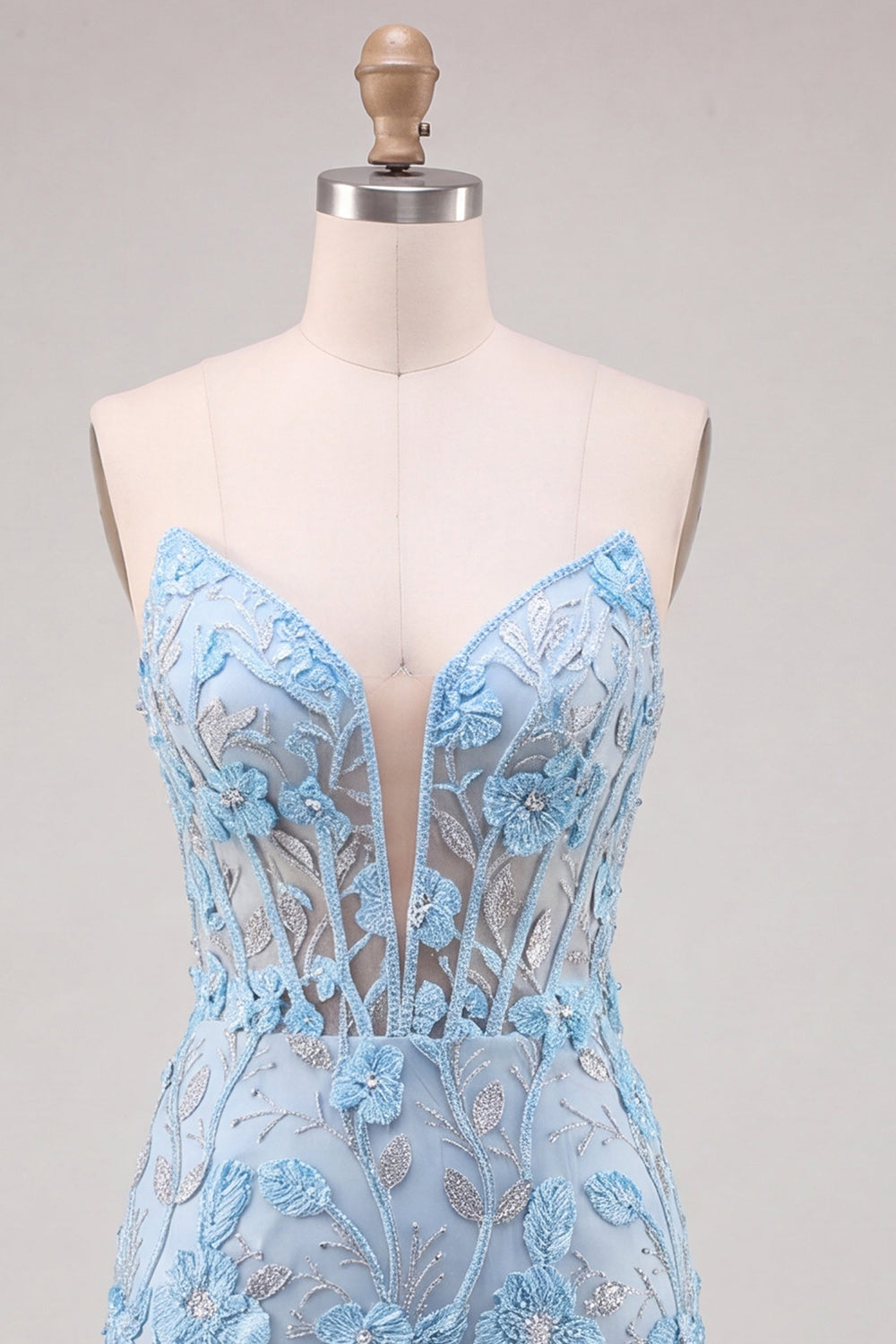 Sky Blue Sweetheart Corset Floral Appliqued Tight Homecoming Dress with Slit