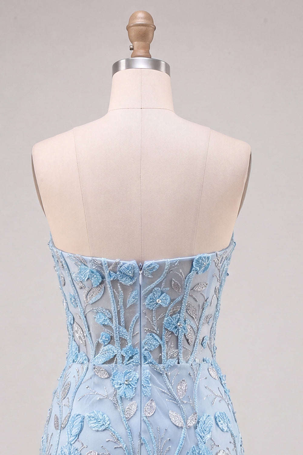 Sky Blue Sweetheart Corset Floral Appliqued Tight Homecoming Dress with Slit