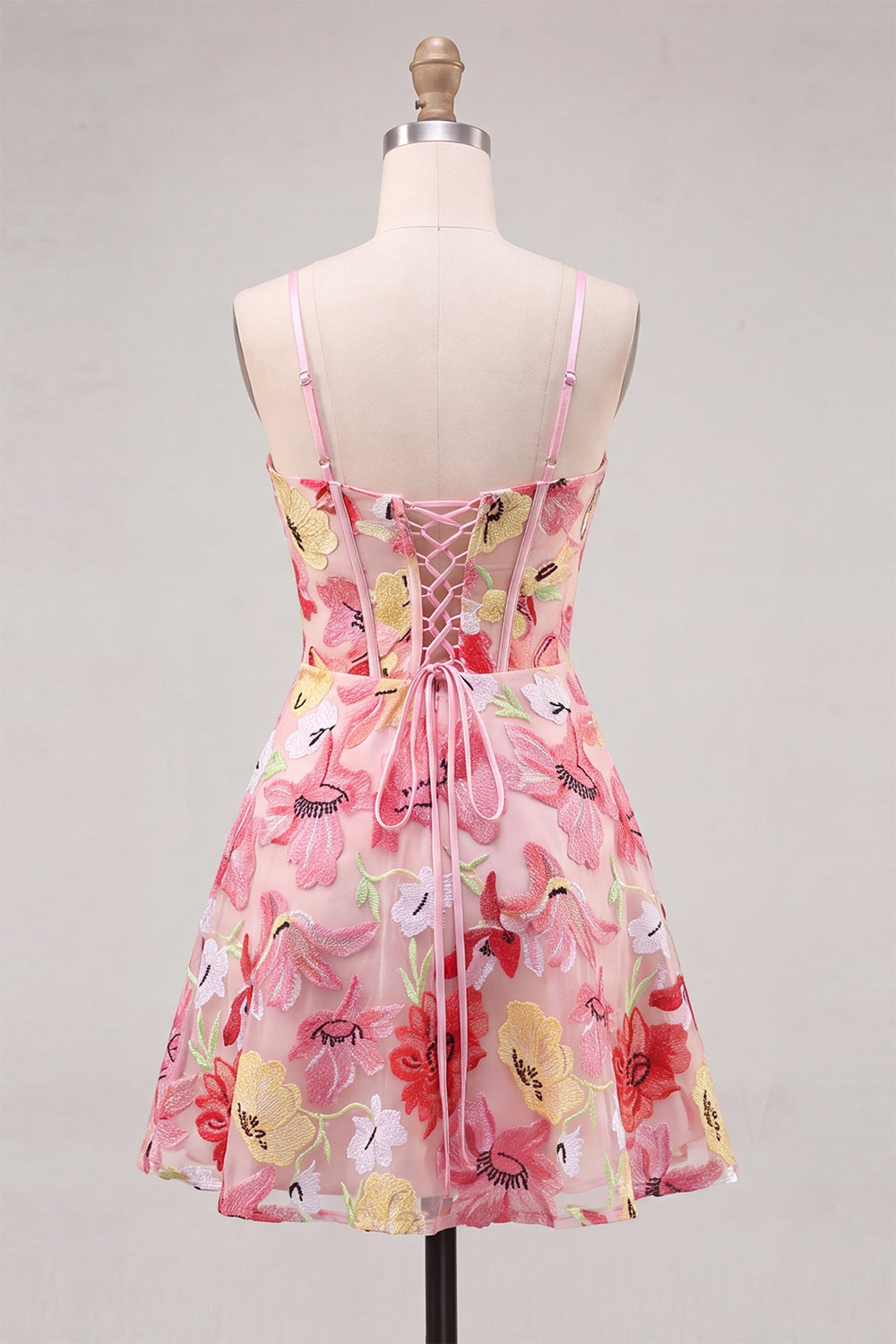 Pink Floral Corset A-Line Spaghetti Straps Lace Up Back Homecoming Dress with Bow