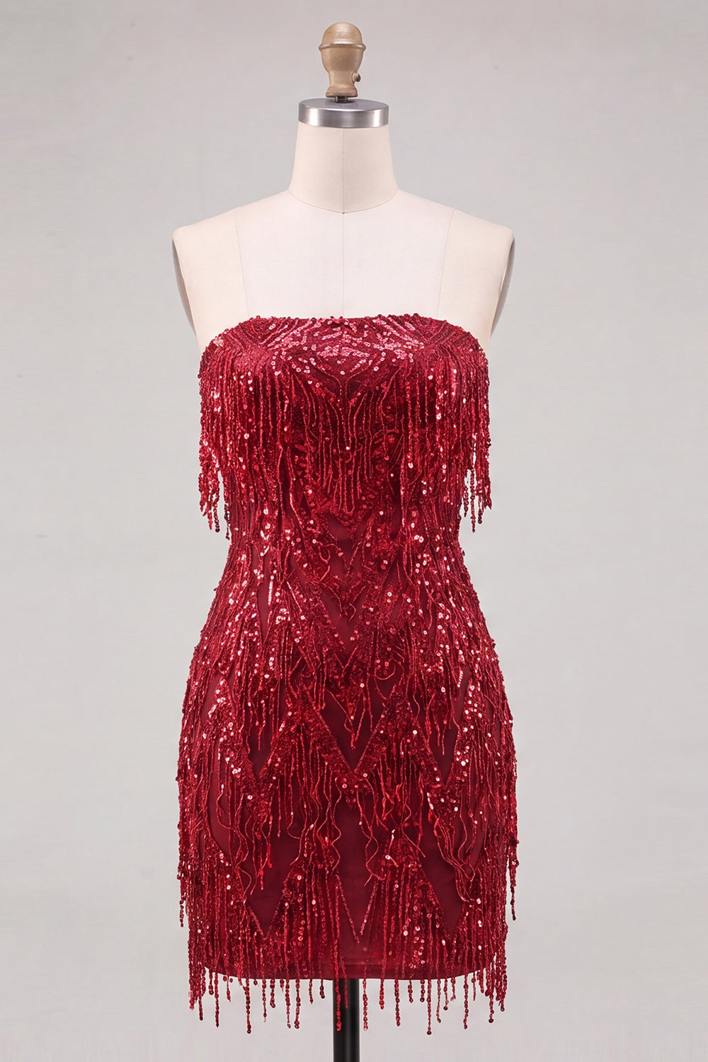 Strapless Burgundy Bodycon Fringed Short Homecoming Dress with Sequins