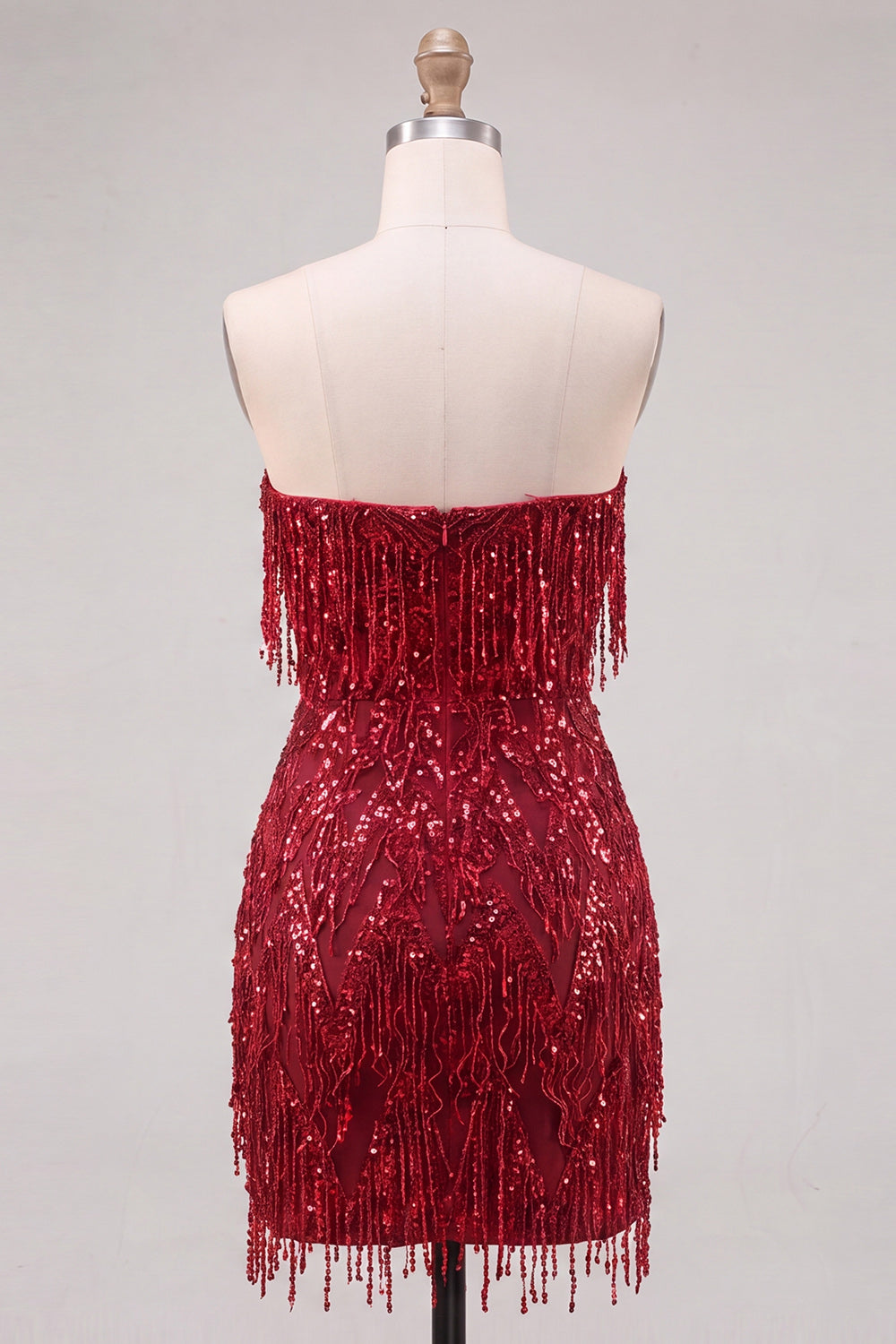 Strapless Burgundy Bodycon Fringed Short Homecoming Dress with Sequins