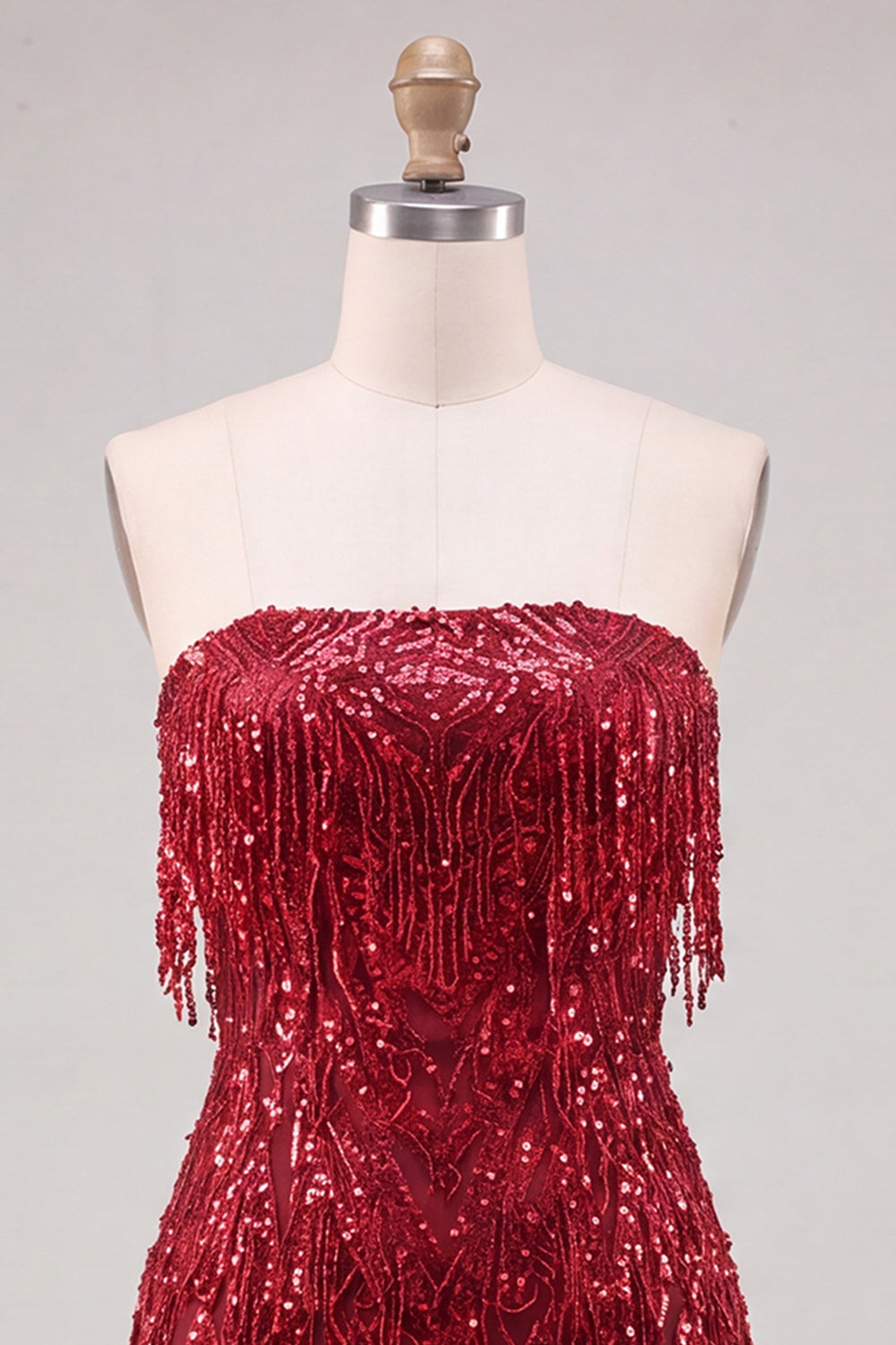 Strapless Burgundy Bodycon Fringed Short Homecoming Dress with Sequins
