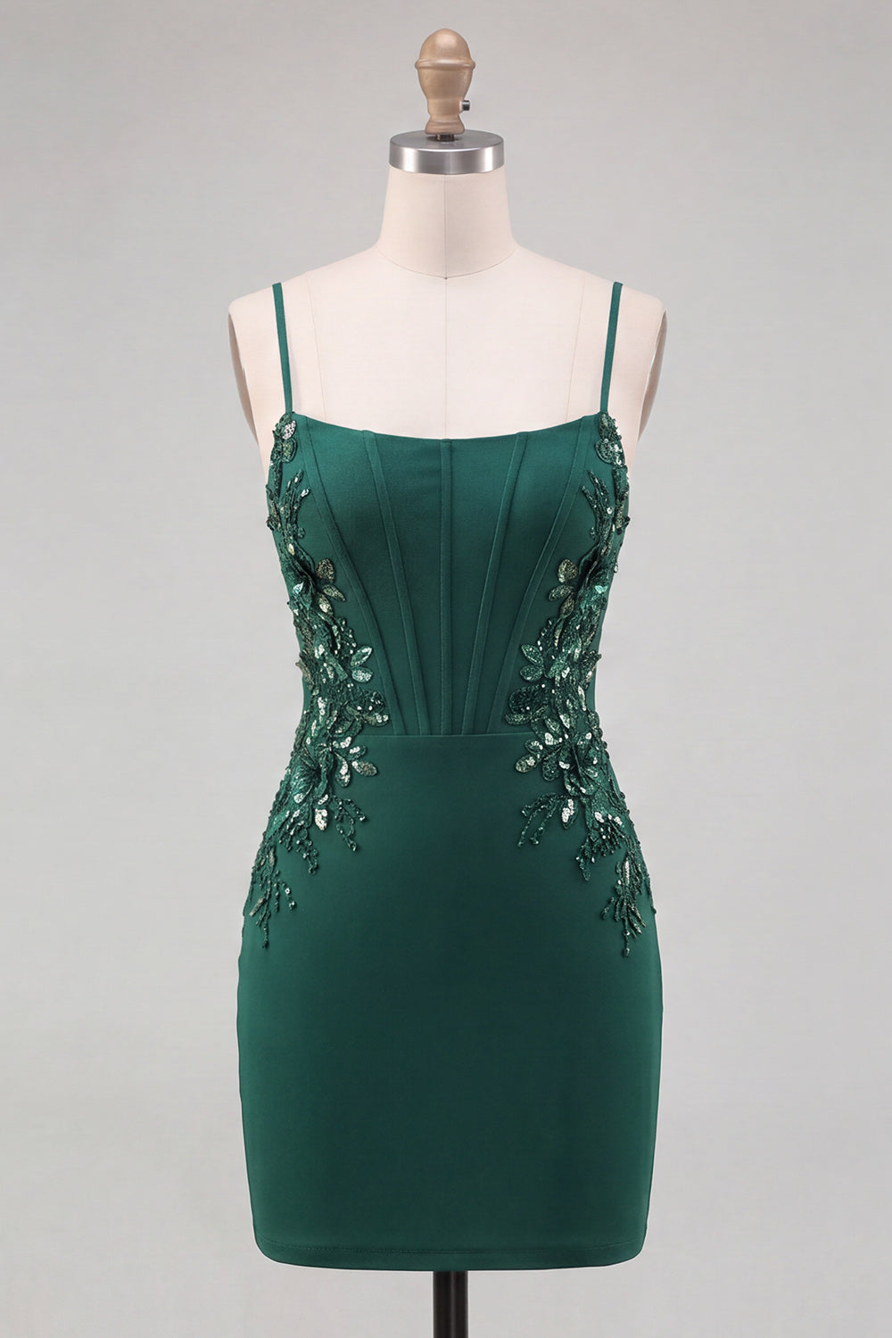 Dark Green Corset Bodycon Spaghetti Straps Floral Short Homecoming Dress with Lace-Up Back