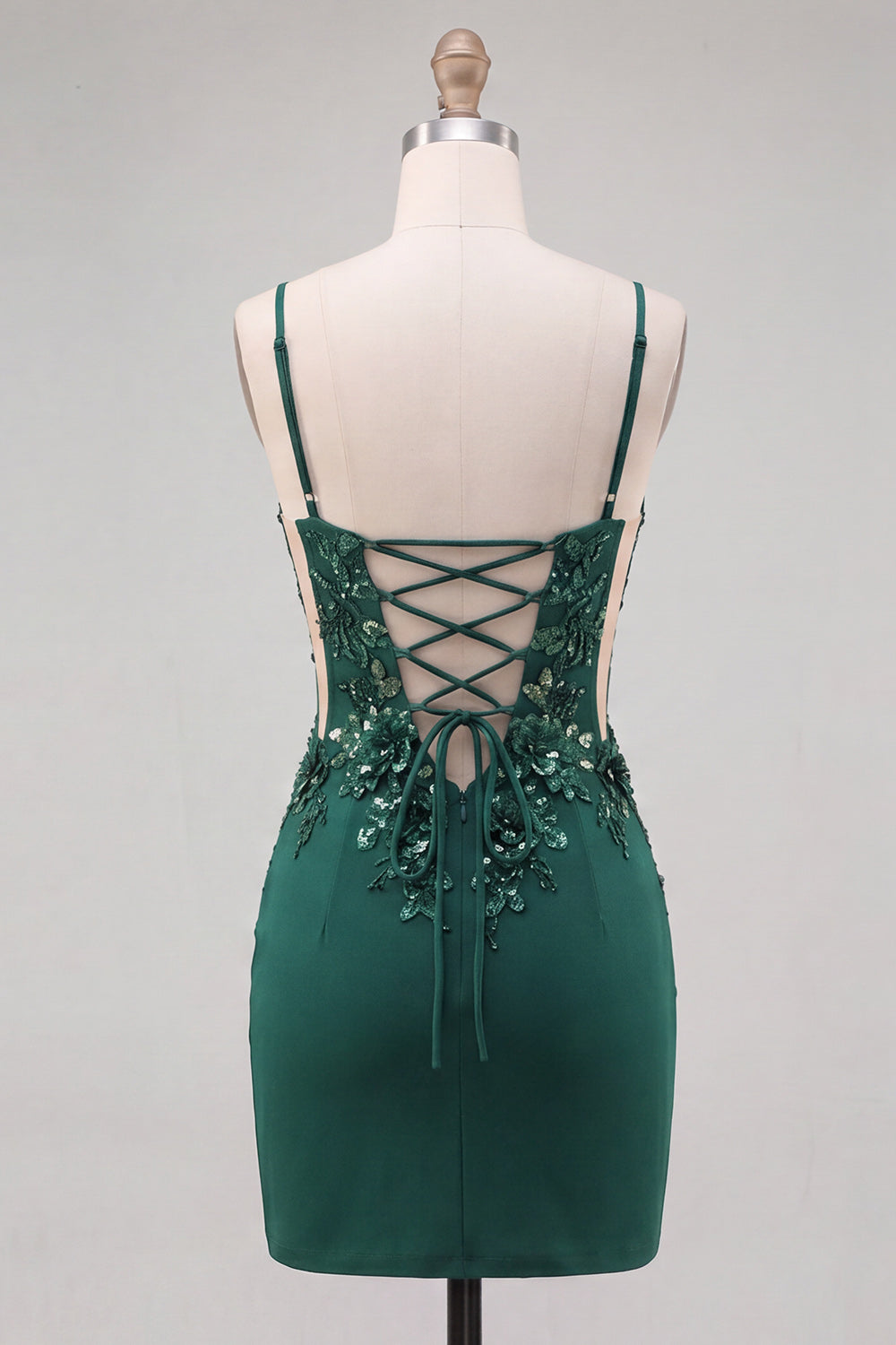 Dark Green Corset Bodycon Spaghetti Straps Floral Short Homecoming Dress with Lace-Up Back