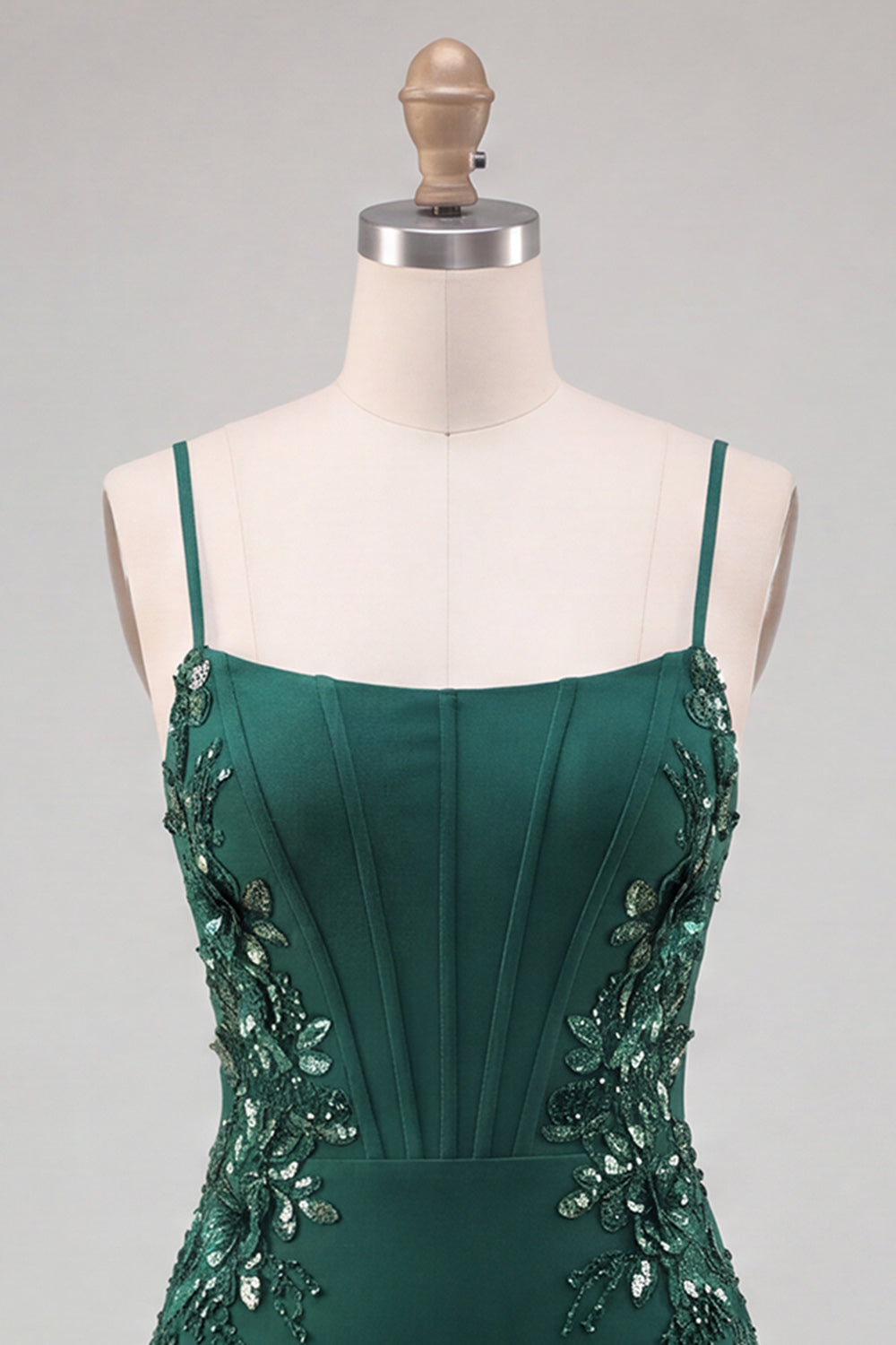 Dark Green Corset Bodycon Spaghetti Straps Floral Short Homecoming Dress with Lace-Up Back