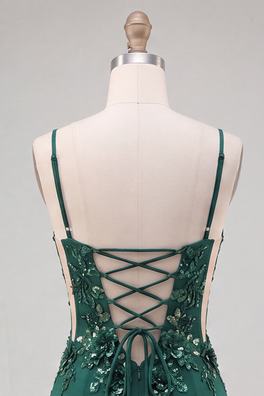 Dark Green Corset Bodycon Spaghetti Straps Floral Short Homecoming Dress with Lace-Up Back