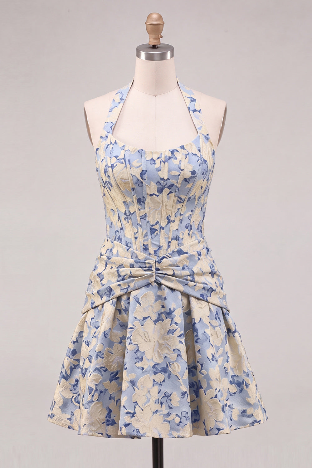 Light Blue A-Line Halter Neck Jacquard Floral Corset Homecoming Dress