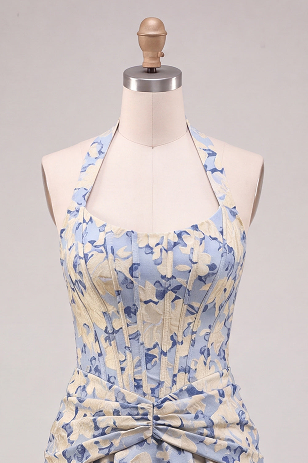 Light Blue A-Line Halter Neck Jacquard Floral Corset Homecoming Dress