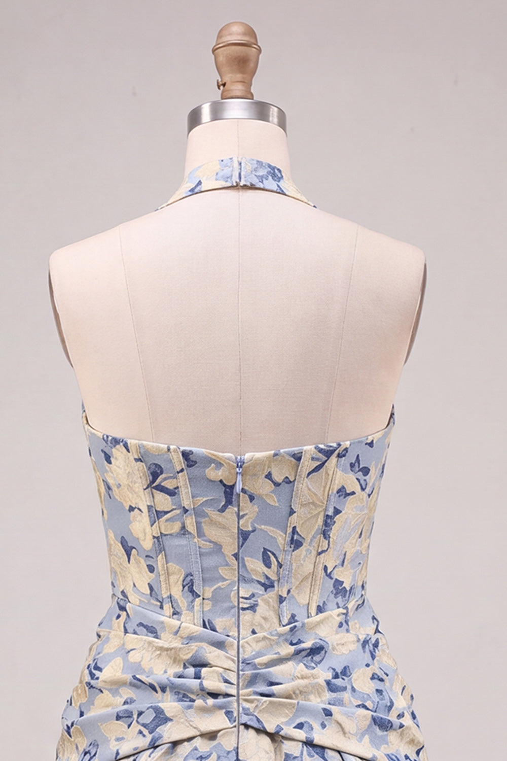 Light Blue A-Line Halter Neck Jacquard Floral Corset Homecoming Dress
