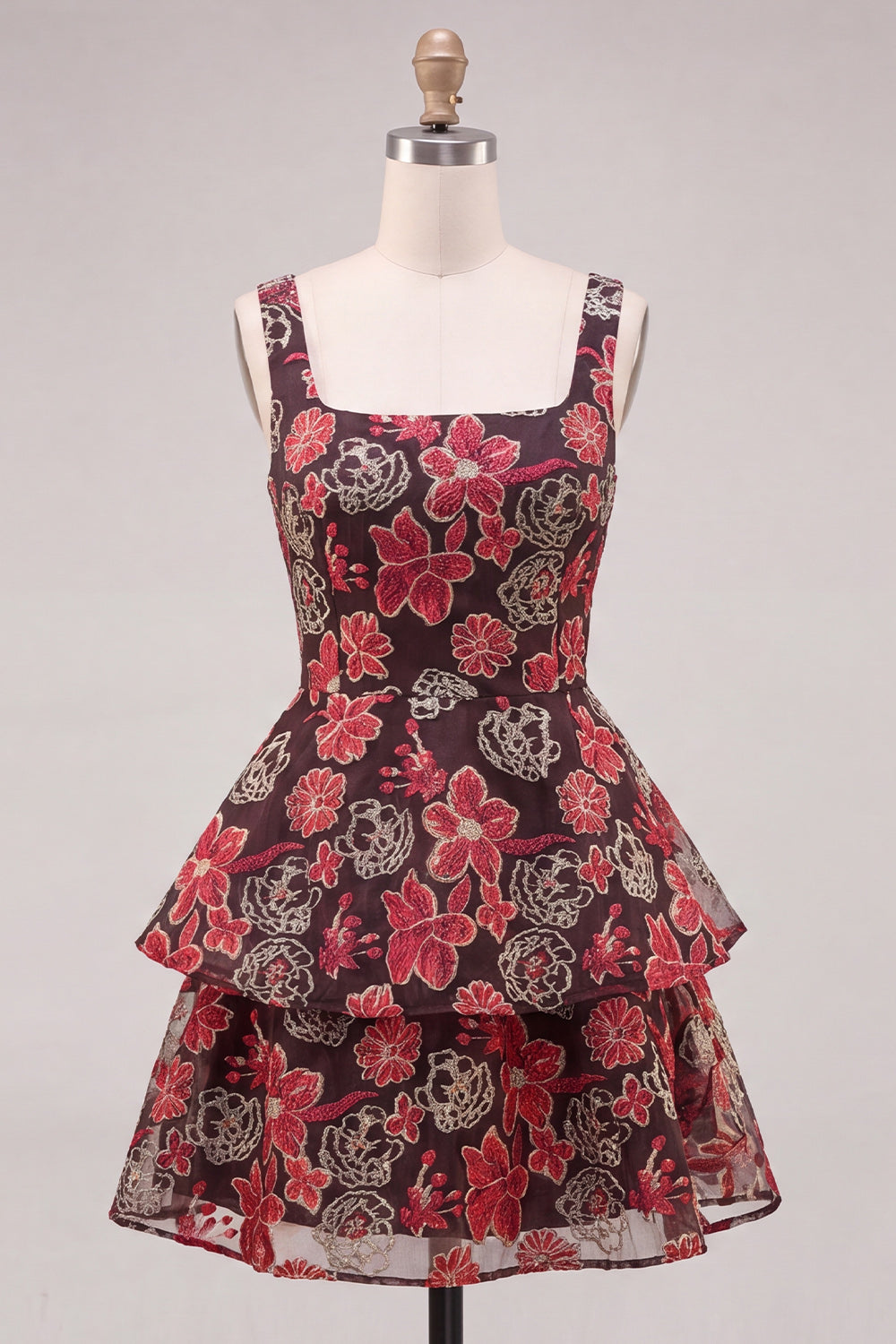 Red Flower Square Neck Tiered A-Line Short Homecoming Dress