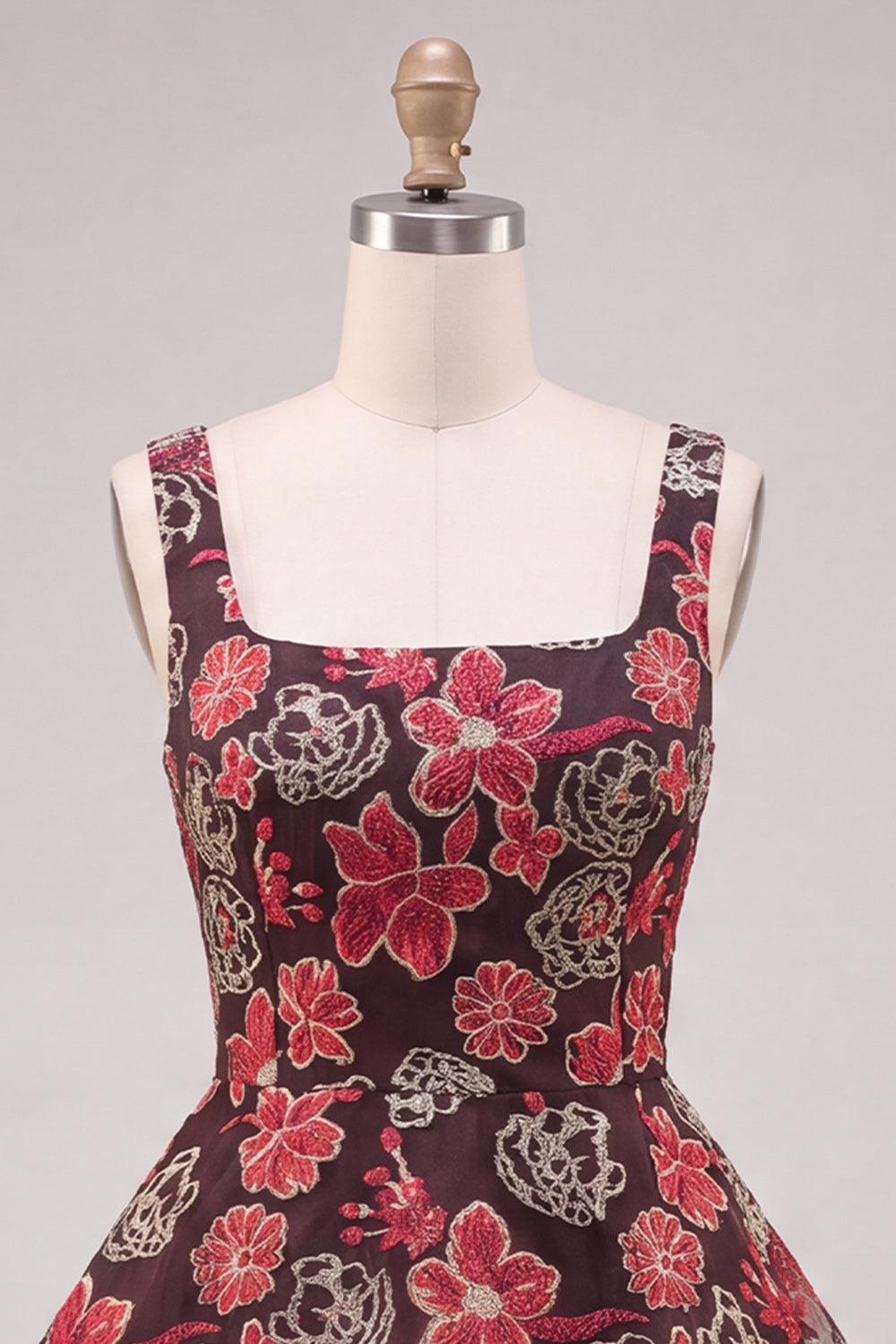 Red Flower Square Neck Tiered A-Line Short Homecoming Dress