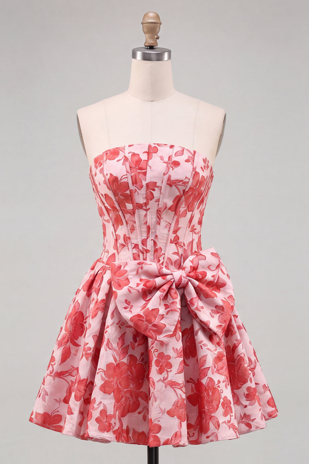 Red A-Line Strapless Corset Jacquard Floral Homecoming Dress with Bow
