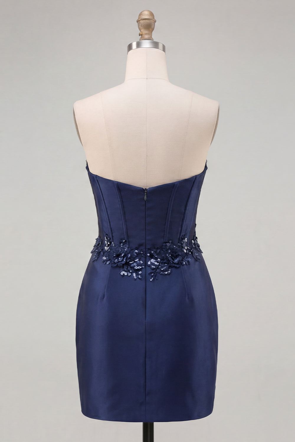 Navy Sweetheart Corset Bodycon Floral Sequins Satin Short Homecoming Dress