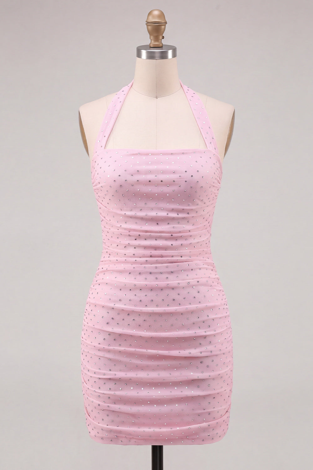 Halter Neck Pink Bodycon Ruched Short Homecoming Dress with Beading