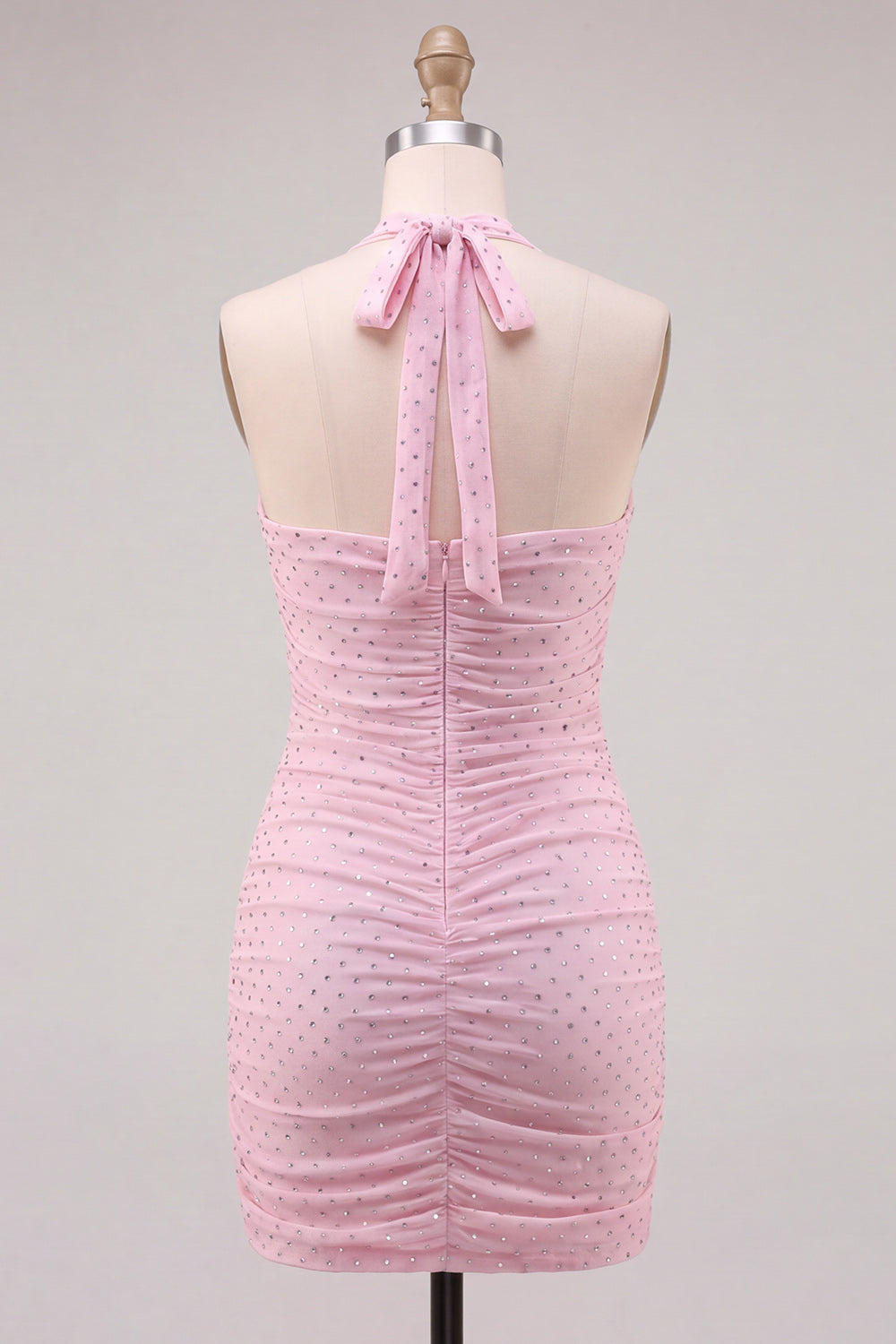 Halter Neck Pink Bodycon Ruched Short Homecoming Dress with Beading