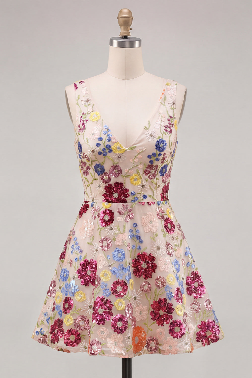 Fuchsia Flower V-Neck Sequins A-Line Short Homecoming Dress