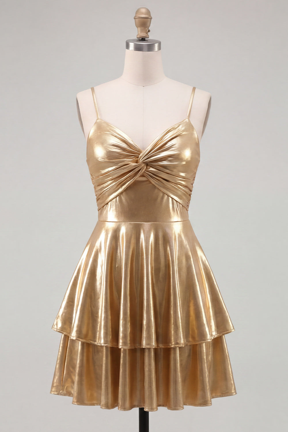 Gold A-Line Metallic Tiered Spaghetti Straps Short Cocktail Dress