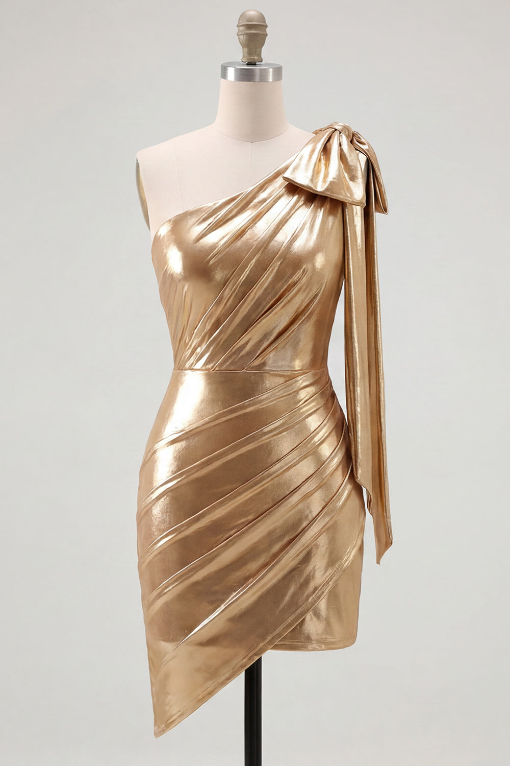 Robe courte de bal asymétrique rouge métallisée drapée à une épaule avec nœud