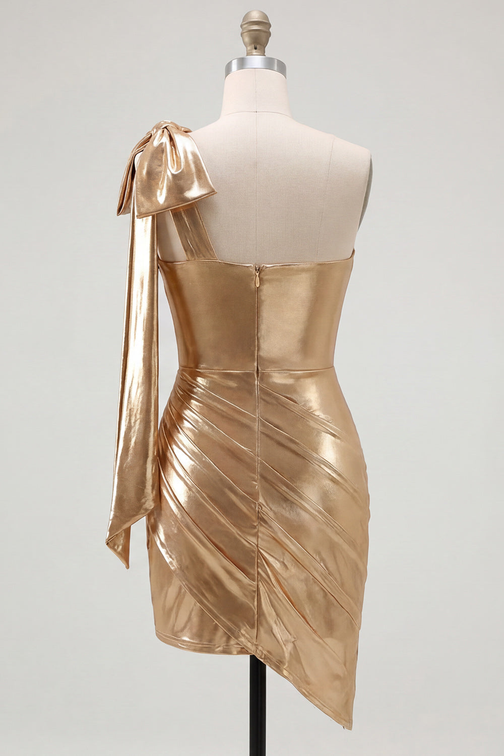 Robe courte de bal asymétrique rouge métallisée drapée à une épaule avec nœud