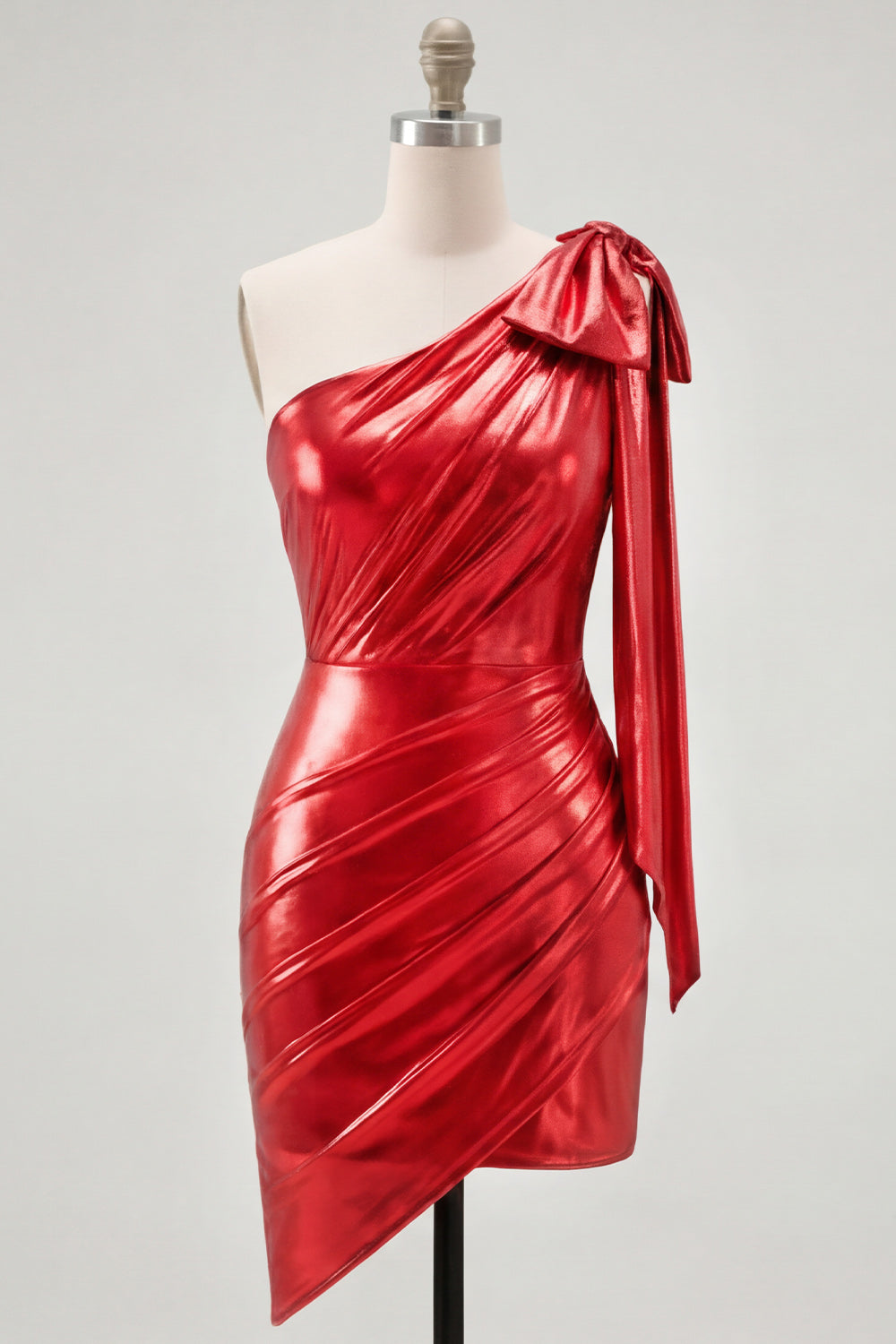 Robe courte de bal asymétrique rouge métallisée drapée à une épaule avec nœud