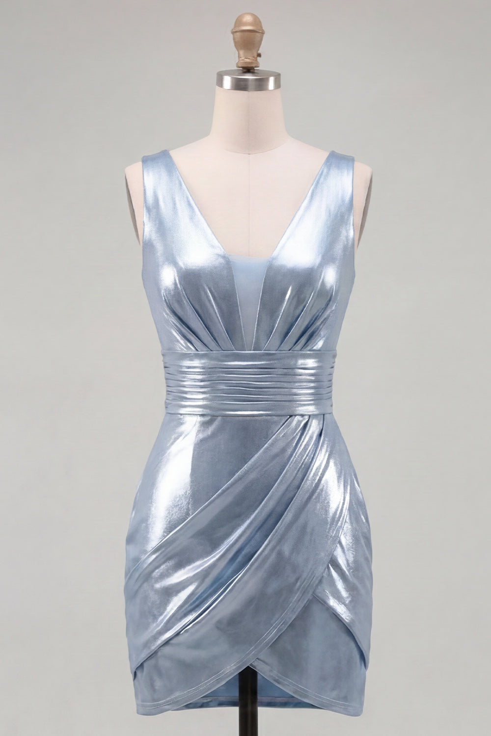 Metallic Sky Blue V-Neck Ruched Tight Short Homecoming Dress