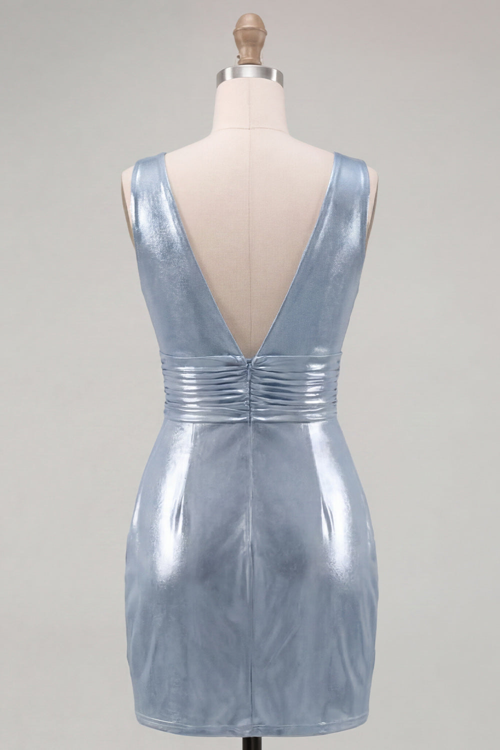 Metallic Sky Blue V-Neck Ruched Tight Short Homecoming Dress