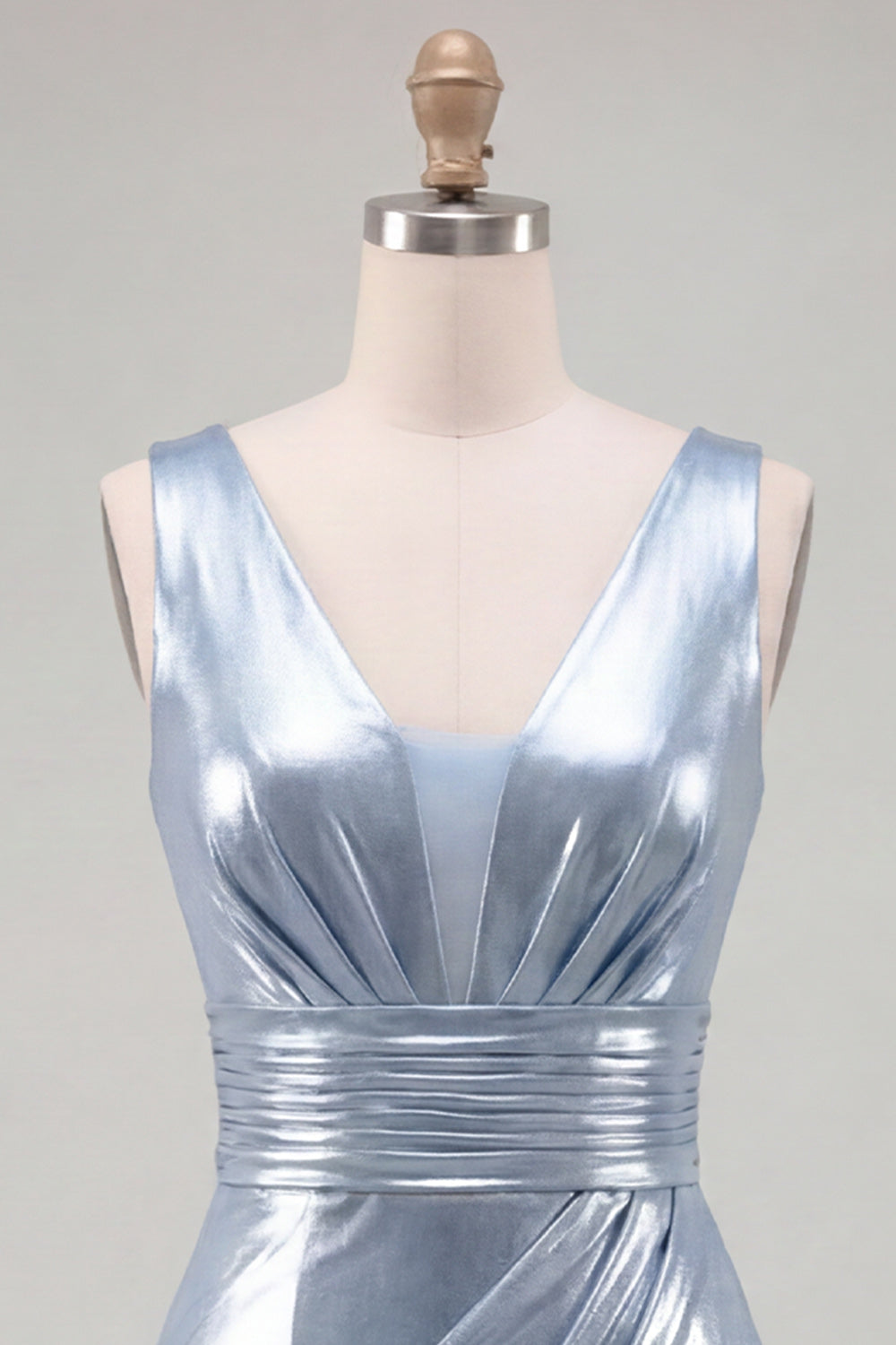Metallic Sky Blue V-Neck Ruched Tight Short Homecoming Dress