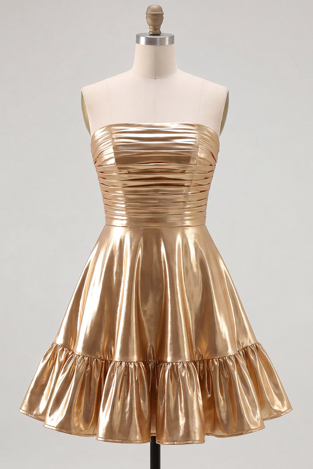 Strapless Metallic Gold Ruched A-Line Short Homecoming Dress with Ruffles