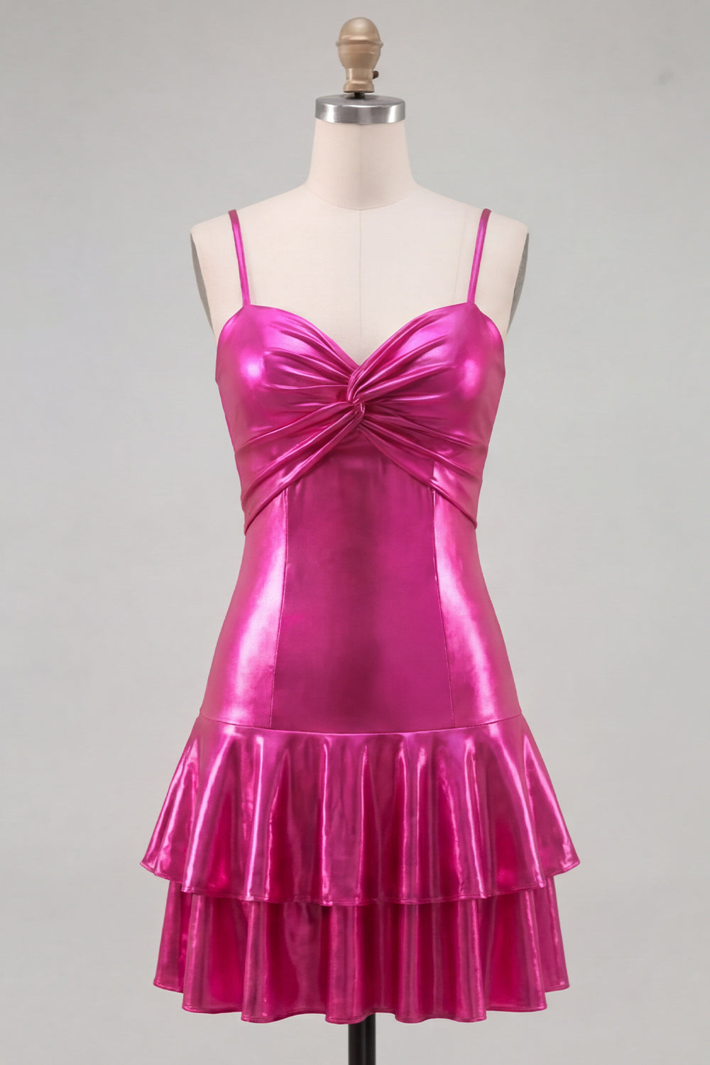 Fuchsia Metallic Ruched A-Line Tiered Spaghetti Straps Short Homecoming Dress