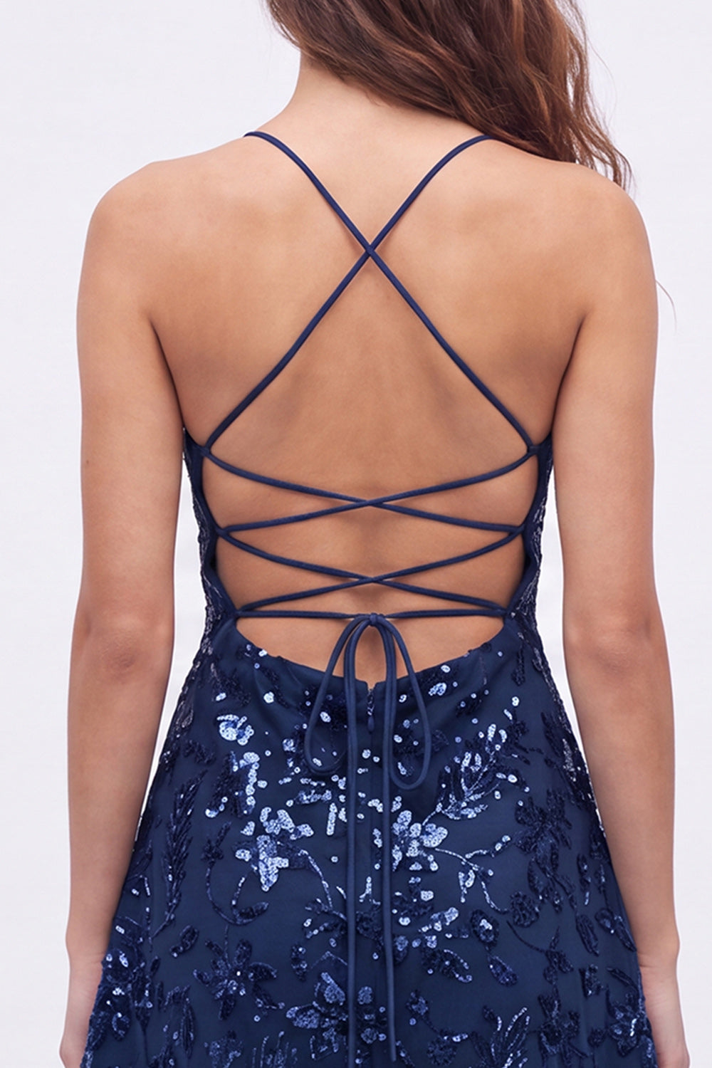 Navy A-Line Sequins Spaghetti Straps Short Homecoming Dress with Lace Up Back