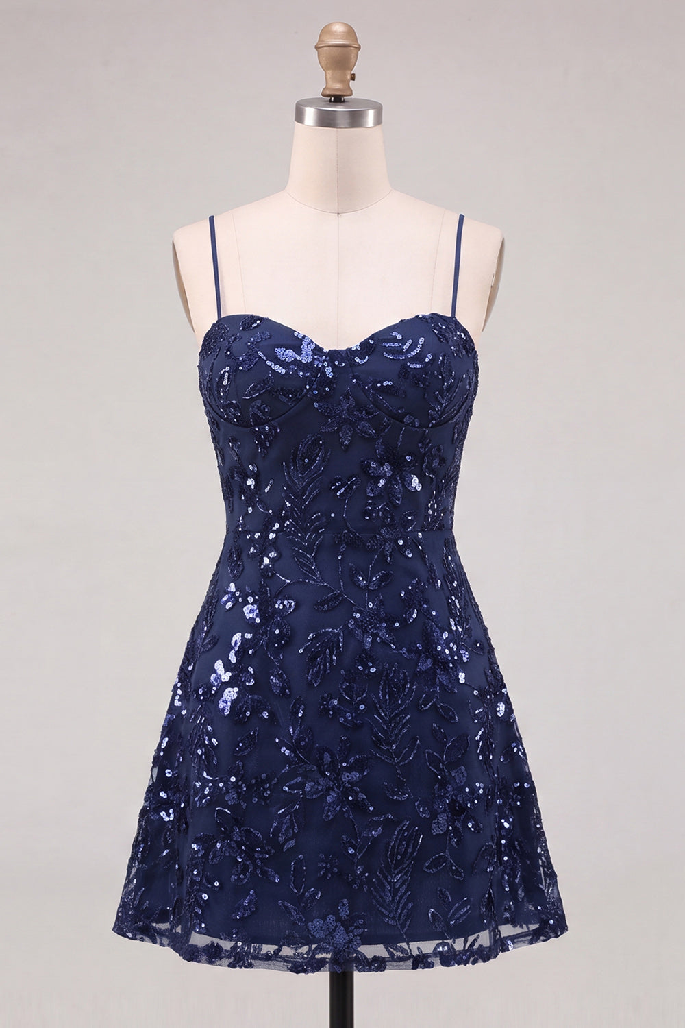 Navy A-Line Sequins Spaghetti Straps Short Homecoming Dress with Lace Up Back
