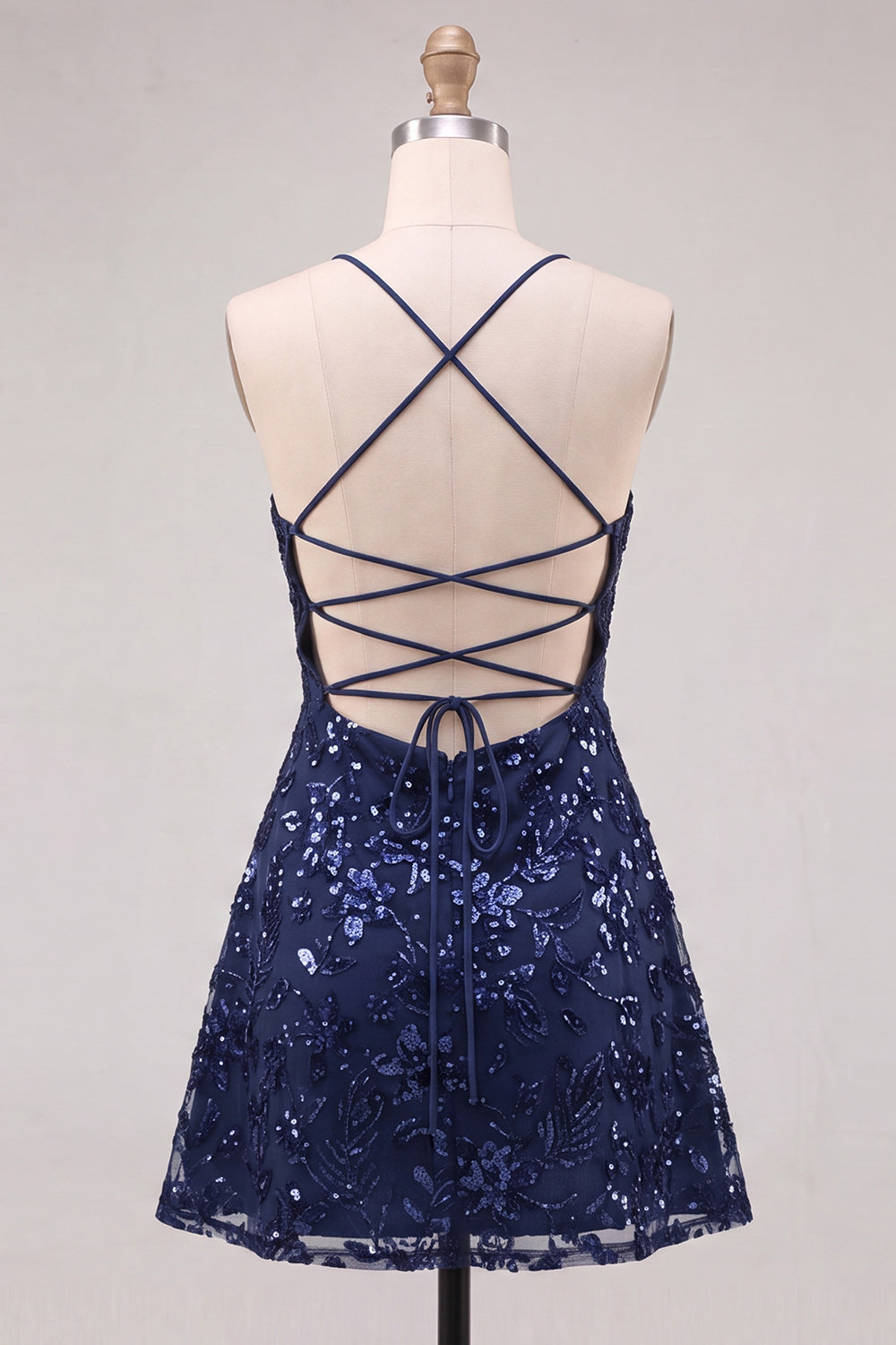 Navy A-Line Sequins Spaghetti Straps Short Homecoming Dress with Lace Up Back