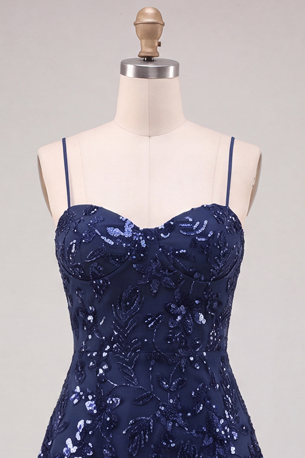 Navy A-Line Sequins Spaghetti Straps Short Homecoming Dress with Lace Up Back